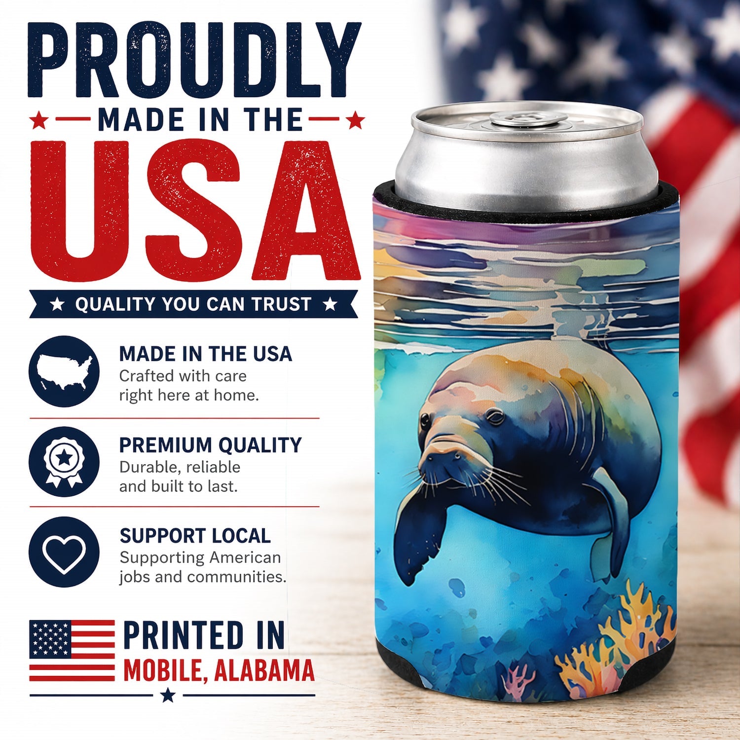 Manatee Can or Bottle Hugger Cooler Sleeve for Standard 12 oz Cans, Insulated Foam Beer & Soda Can Hugger Reusable