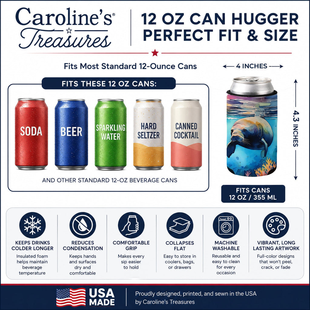Manatee Can or Bottle Hugger Cooler Sleeve for Standard 12 oz Cans, Insulated Foam Beer & Soda Can Hugger Reusable