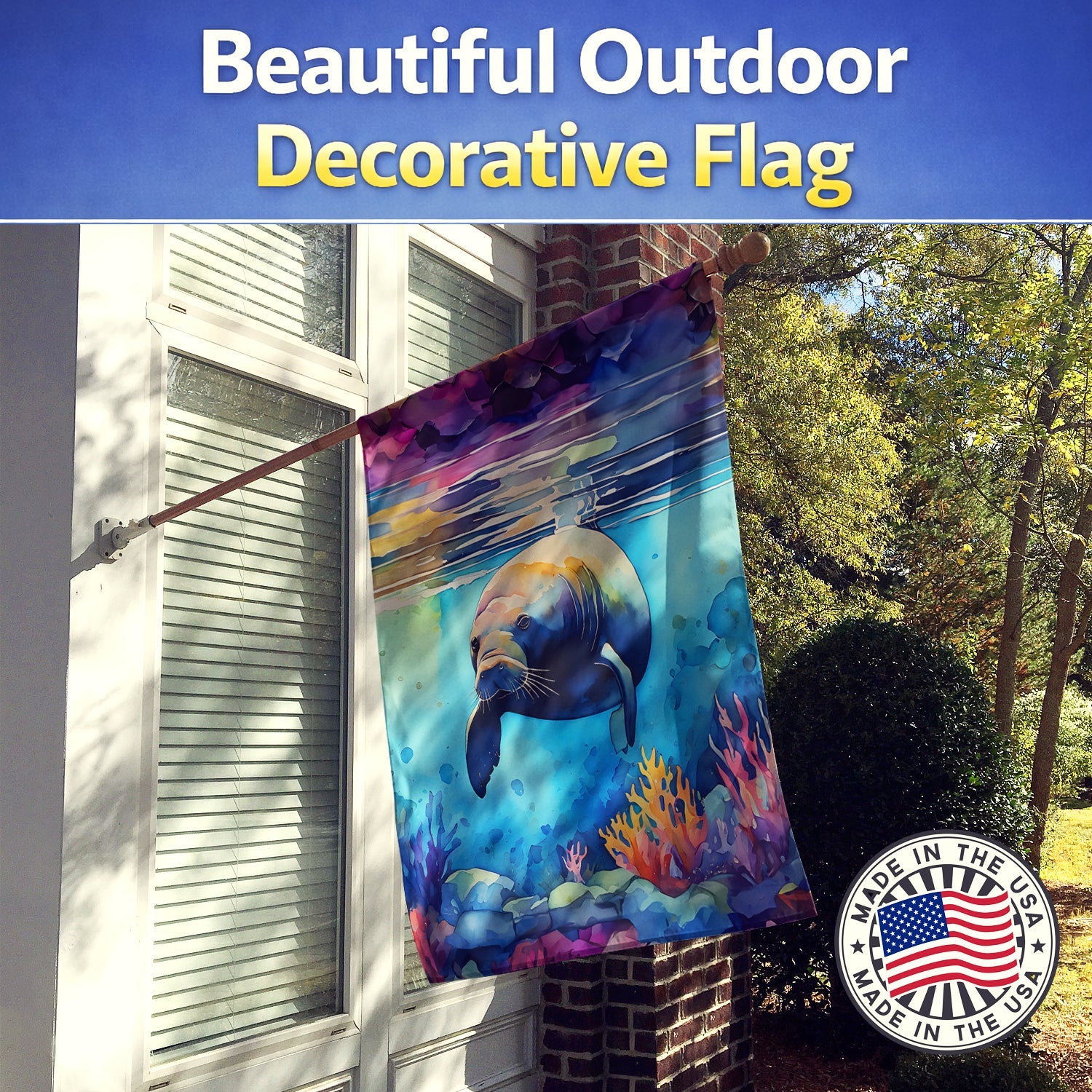 Manatee House Flag 28x40 Porch Sleeve Pole Decorative Outside Yard Banner Artwork Wall Hanging, Polyester
