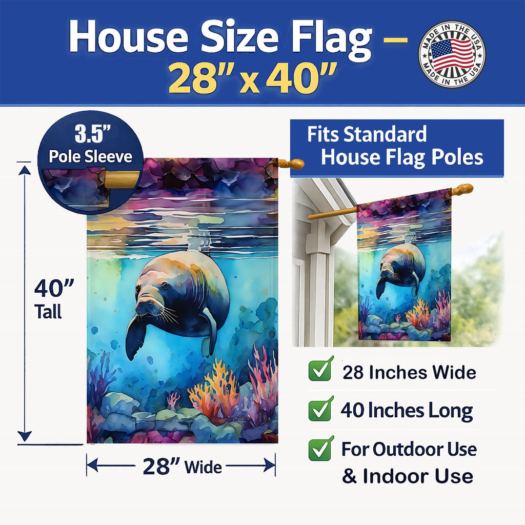 Manatee House Flag 28x40 Porch Sleeve Pole Decorative Outside Yard Banner Artwork Wall Hanging, Polyester
