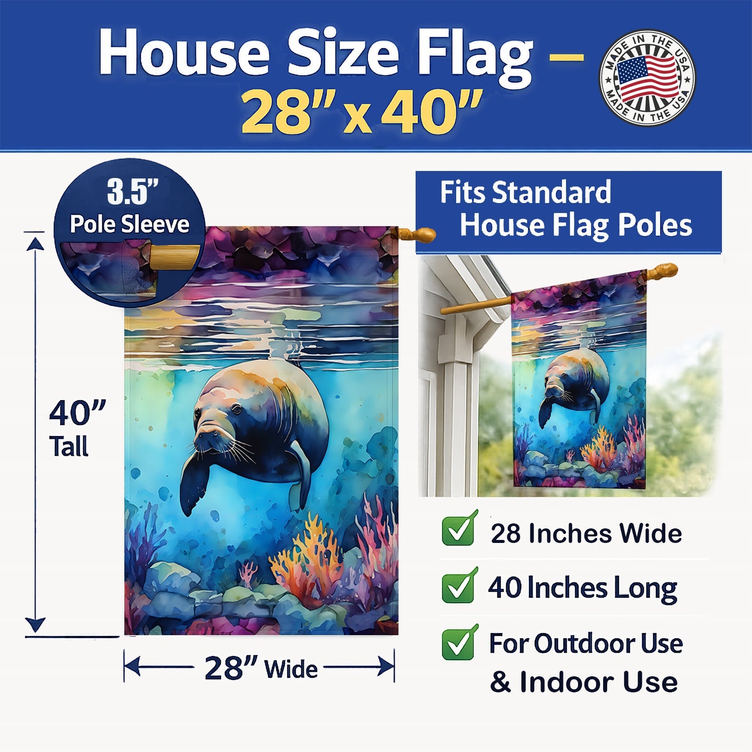 Manatee House Flag 28x40 Porch Sleeve Pole Decorative Outside Yard Banner Artwork Wall Hanging, Polyester