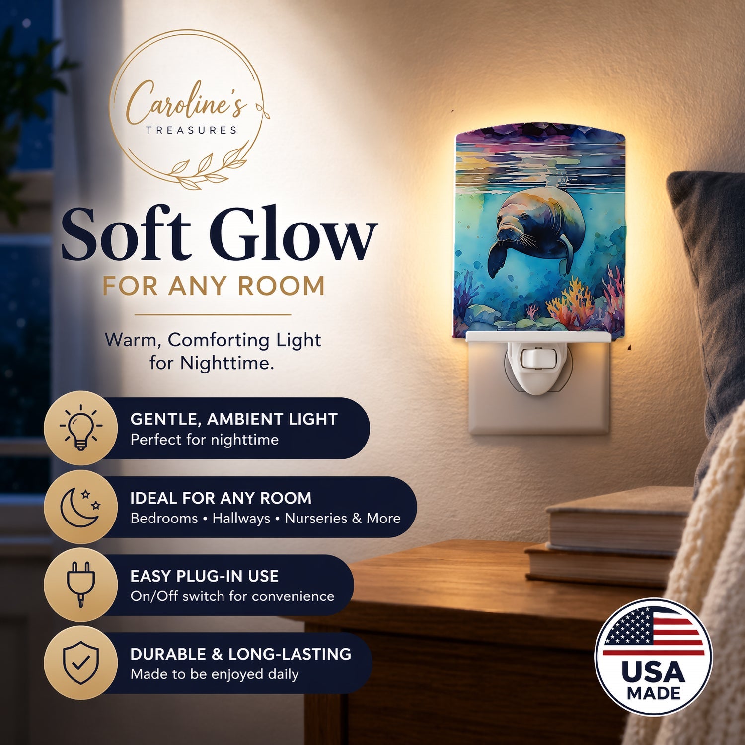 Manatee Ceramic Night Light Compact, UL-Certified, Ideal for Bedroom, Bathroom, Nursery, Hallway, Kitchen, 6x4x3, Multicolor