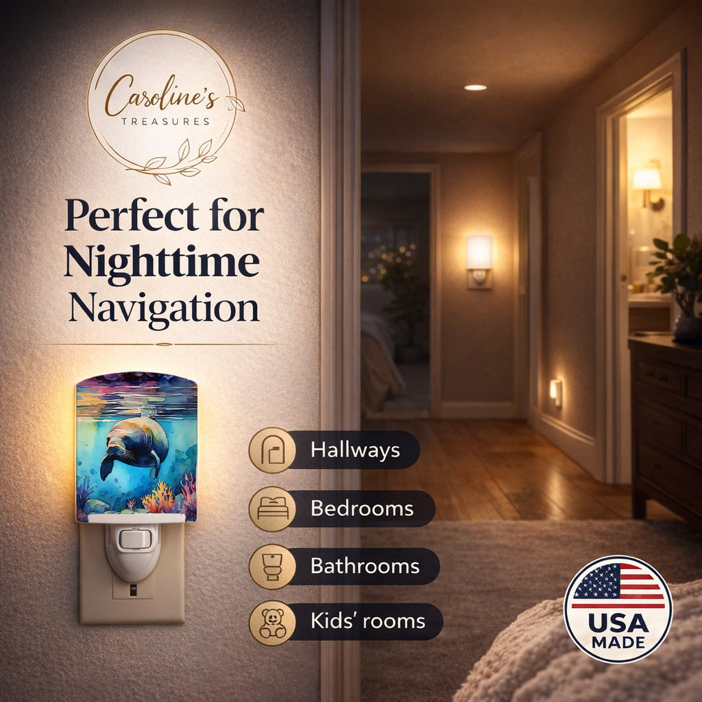 Manatee Ceramic Night Light Compact, UL-Certified, Ideal for Bedroom, Bathroom, Nursery, Hallway, Kitchen, 6x4x3, Multicolor