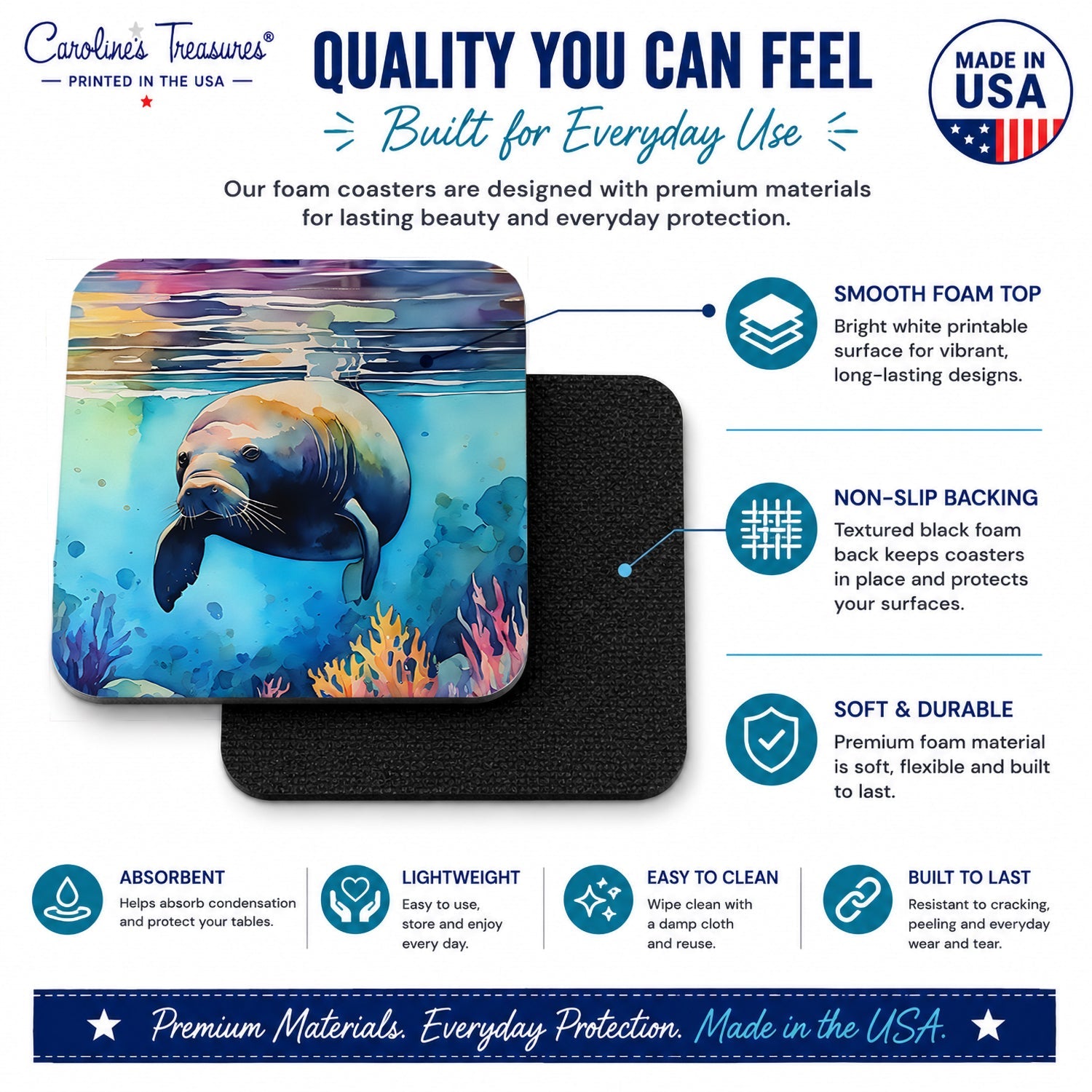 Manatee Foam Coasters Set of 4 Cup Coasters for Indoor Outdoor, Tabletop Protection, Anti Slip, Mouse pad Material