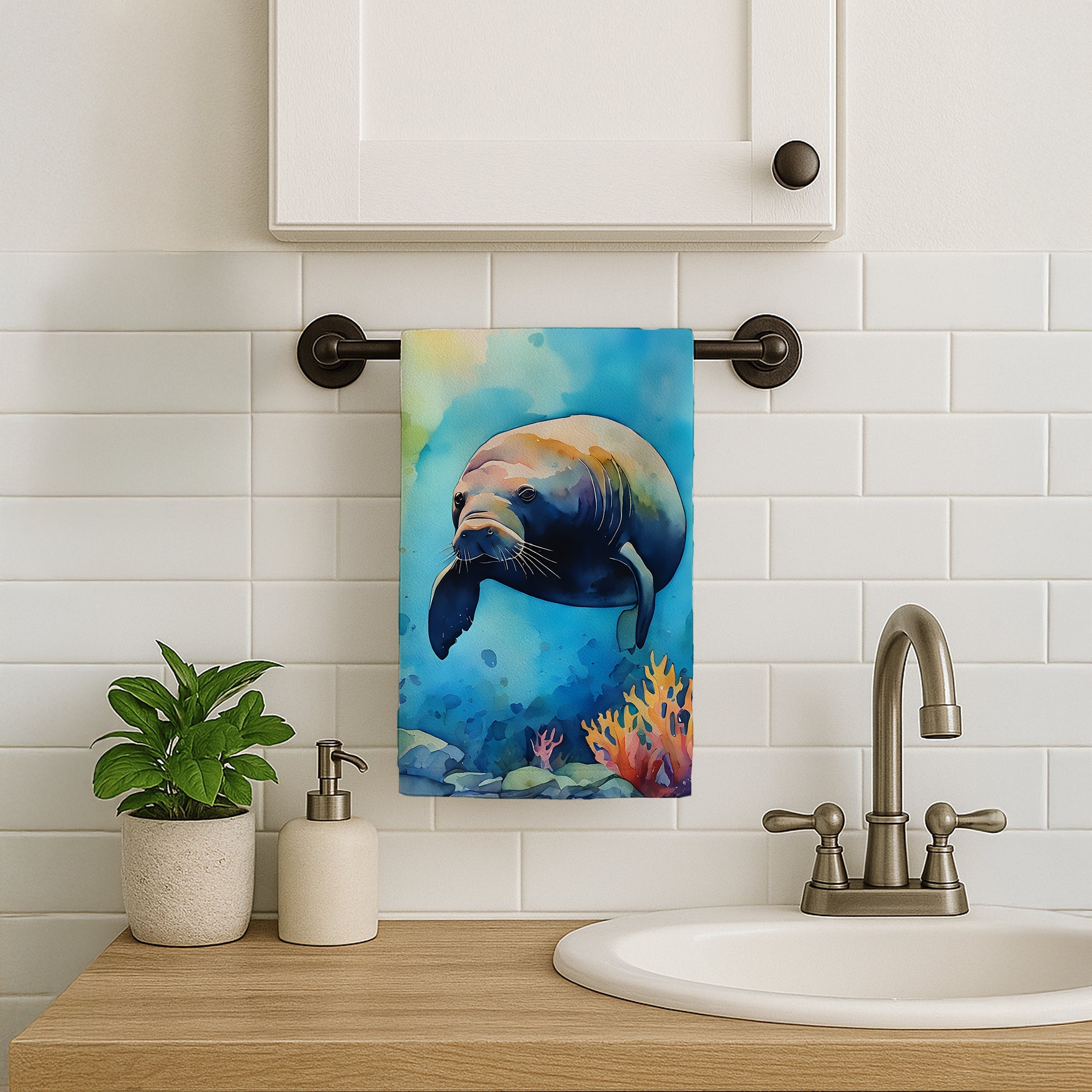 Manatee Kitchen Towel Velour Plush Front and Cotton Loop Back Machine Washable