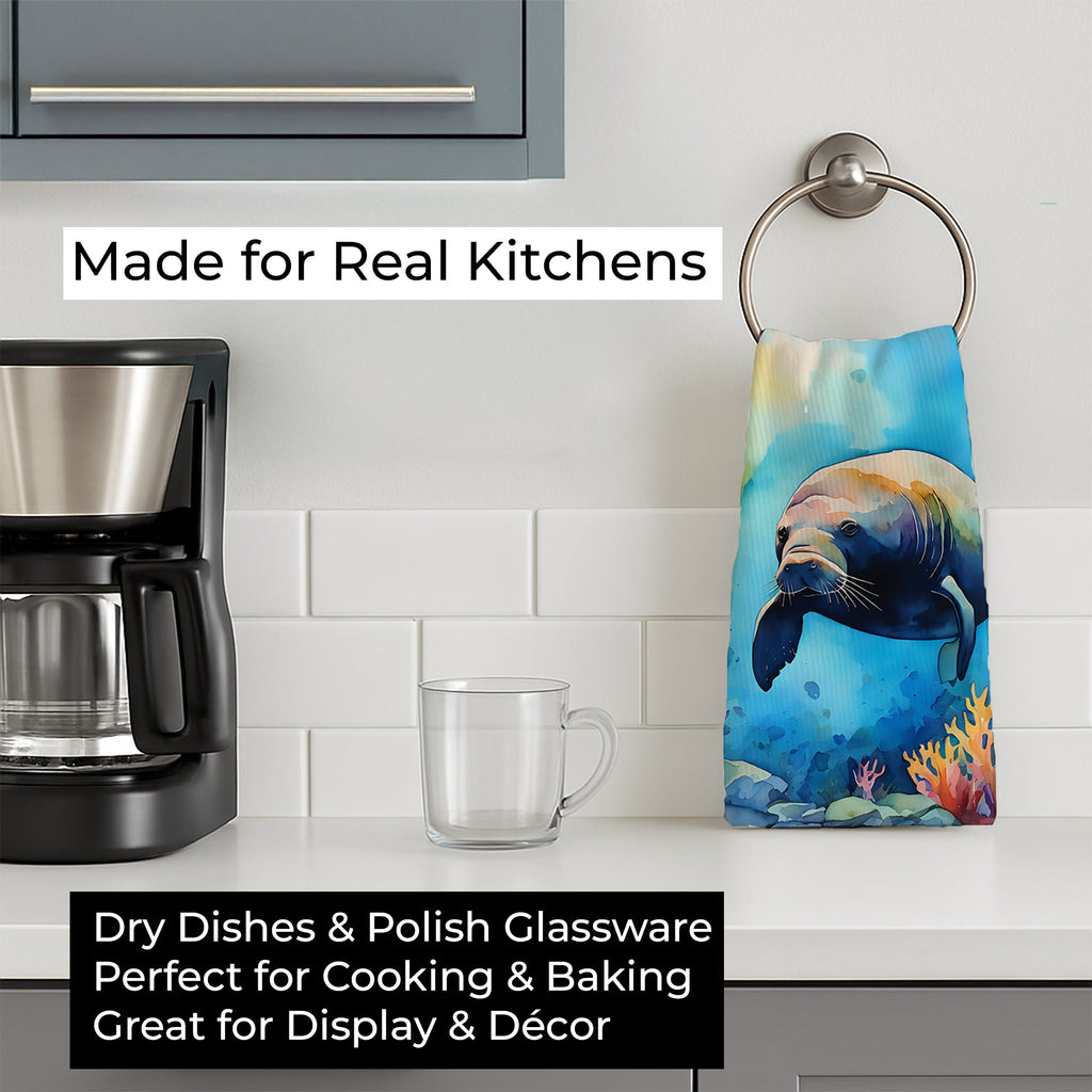 Manatee Kitchen Towel Velour Plush Front and Cotton Loop Back Machine Washable