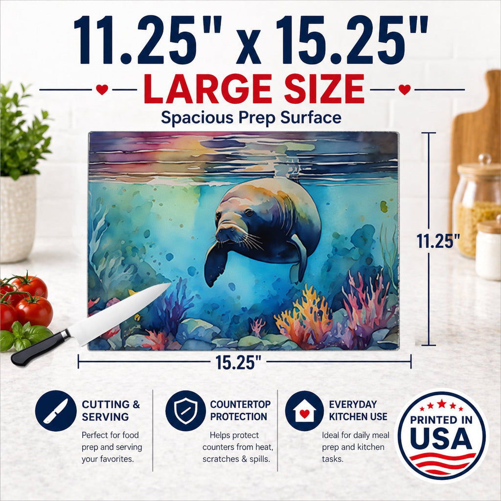 Manatee Cutting Board Tempered Glass Kitchen Cutting Surface, Heat Resistant Chopping, Non-Slip Feet, Food Prep & Serving