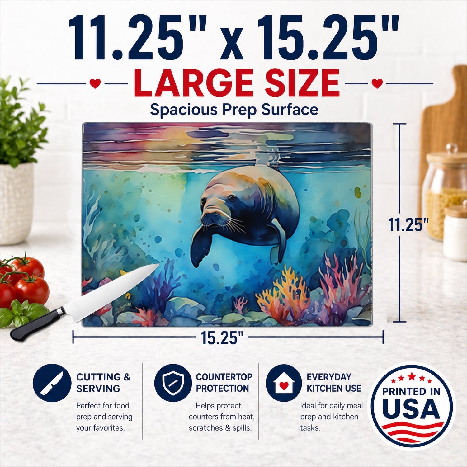 Manatee Cutting Board Tempered Glass Kitchen Cutting Surface, Heat Resistant Chopping, Non-Slip Feet, Food Prep & Serving