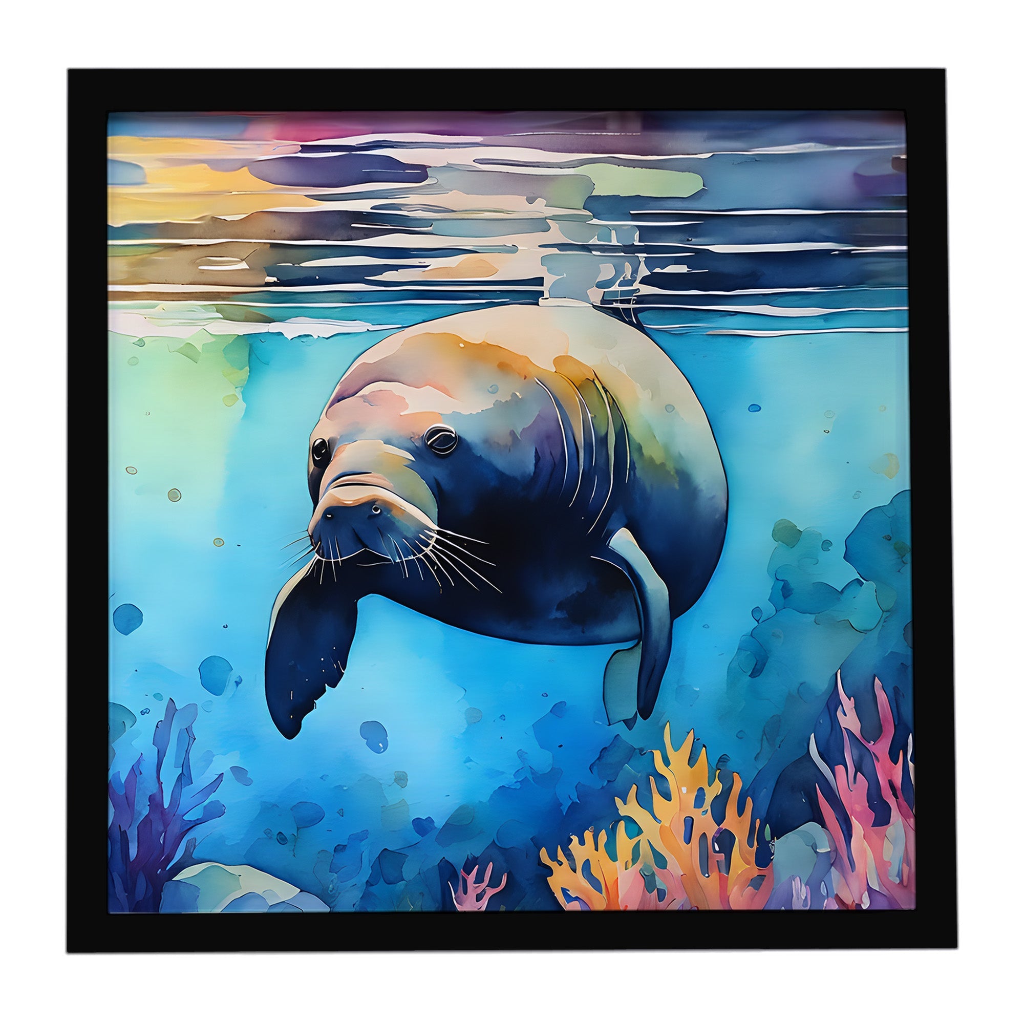 Manatee Framed Metal Print Bathroom, Kitchen, Office, Home Decor Wall Art Ready to Hang, Square, 8X8