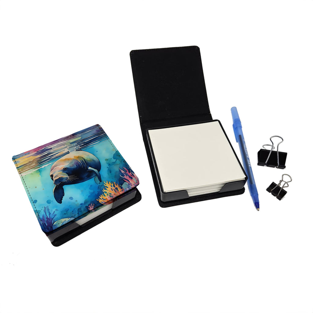 Manatee PU Leather Note Paper Holder with Artist-Designed Cover, Desk Accessory, Office Gift