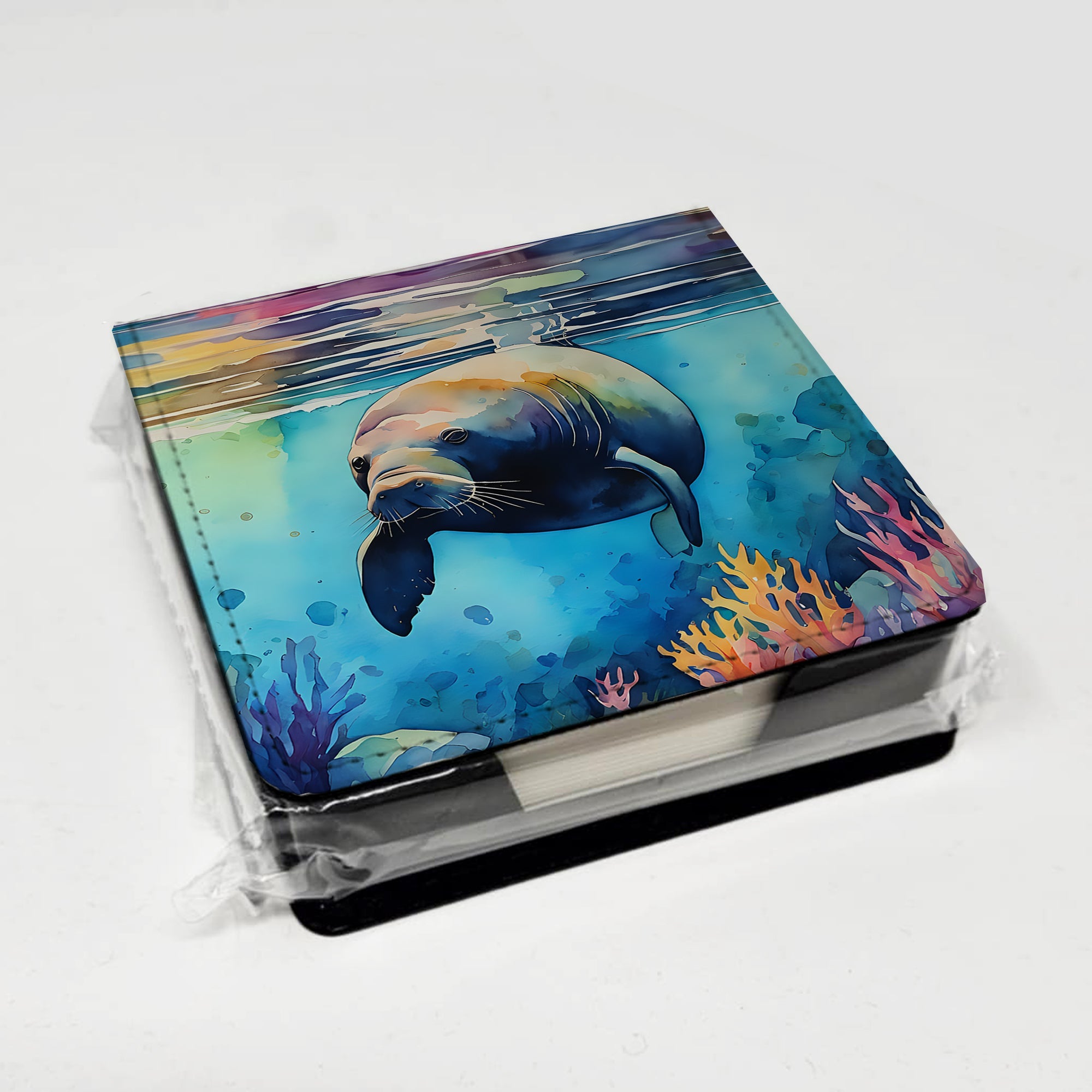 Manatee PU Leather Note Paper Holder with Artist-Designed Cover, Desk Accessory, Office Gift