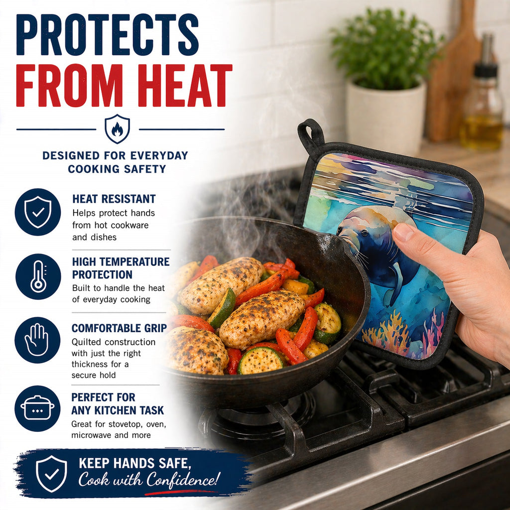 Manatee Pot Holder Set of 2 Heat Resistant Quilted Hot Pads 7.5 x 7.5 Inch, Insulated Kitchen Trivets for Cooking & Baking