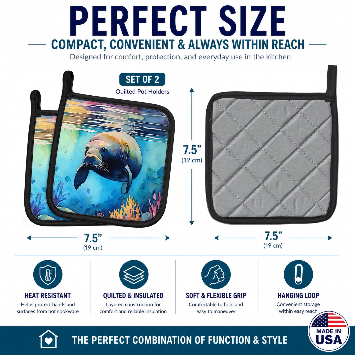 Manatee Pot Holder Set of 2 Heat Resistant Quilted Hot Pads 7.5 x 7.5 Inch, Insulated Kitchen Trivets for Cooking & Baking