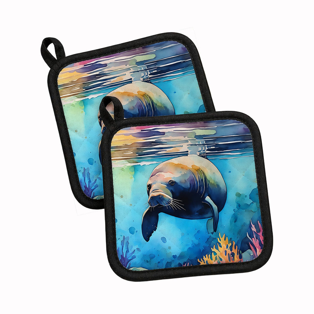 Manatee Pot Holder Set of 2 Heat Resistant Quilted Hot Pads 7.5 x 7.5 Inch, Insulated Kitchen Trivets for Cooking & Baking