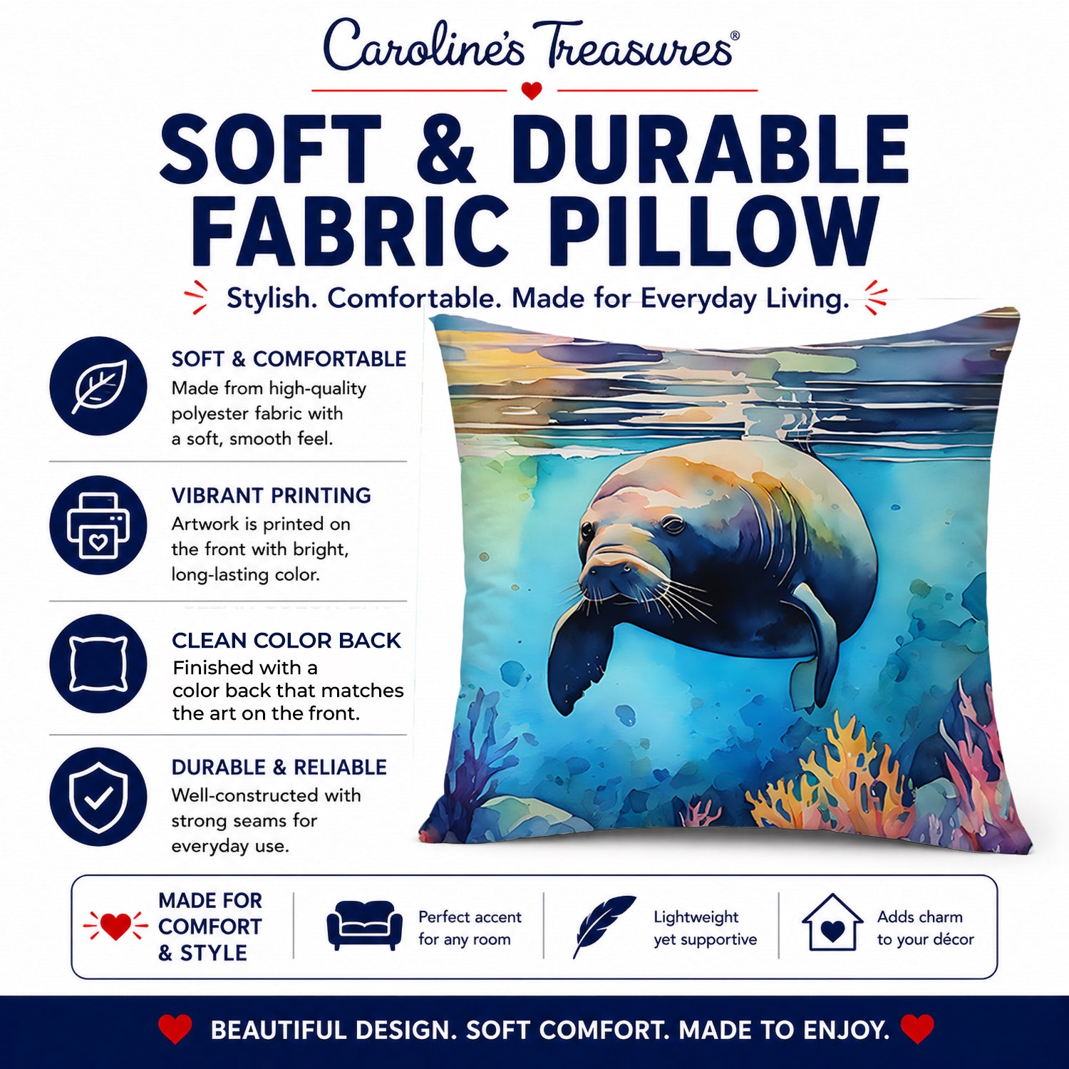 Manatee Decorative Throw Pillow 14x14 Indoor Outdoor Accent Cushion, Fabric Cover with Insert for Sofa, Bed, Porch & Living Room