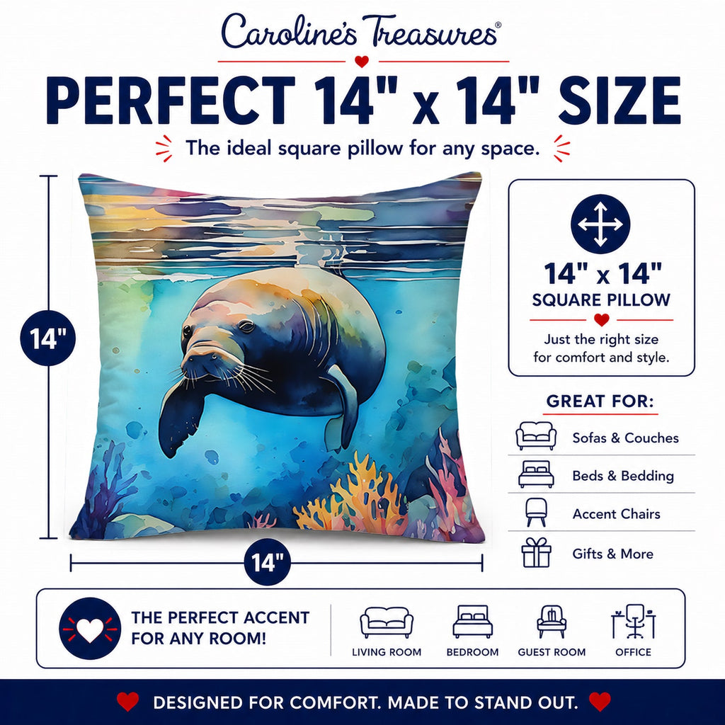 Manatee Decorative Throw Pillow 14x14 Indoor Outdoor Accent Cushion, Fabric Cover with Insert for Sofa, Bed, Porch & Living Room