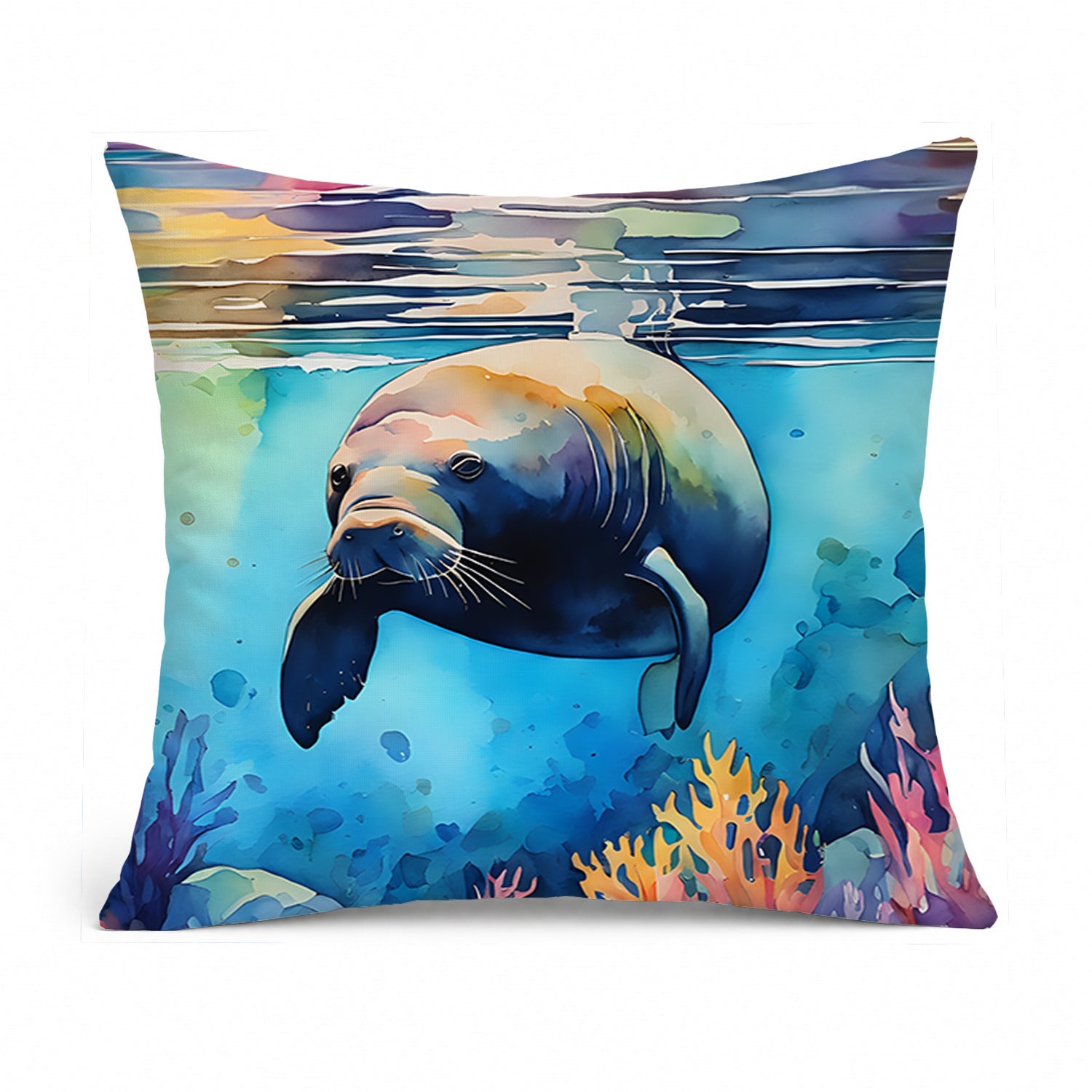 Manatee Decorative Throw Pillow 14x14 Indoor Outdoor Accent Cushion, Fabric Cover with Insert for Sofa, Bed, Porch & Living Room