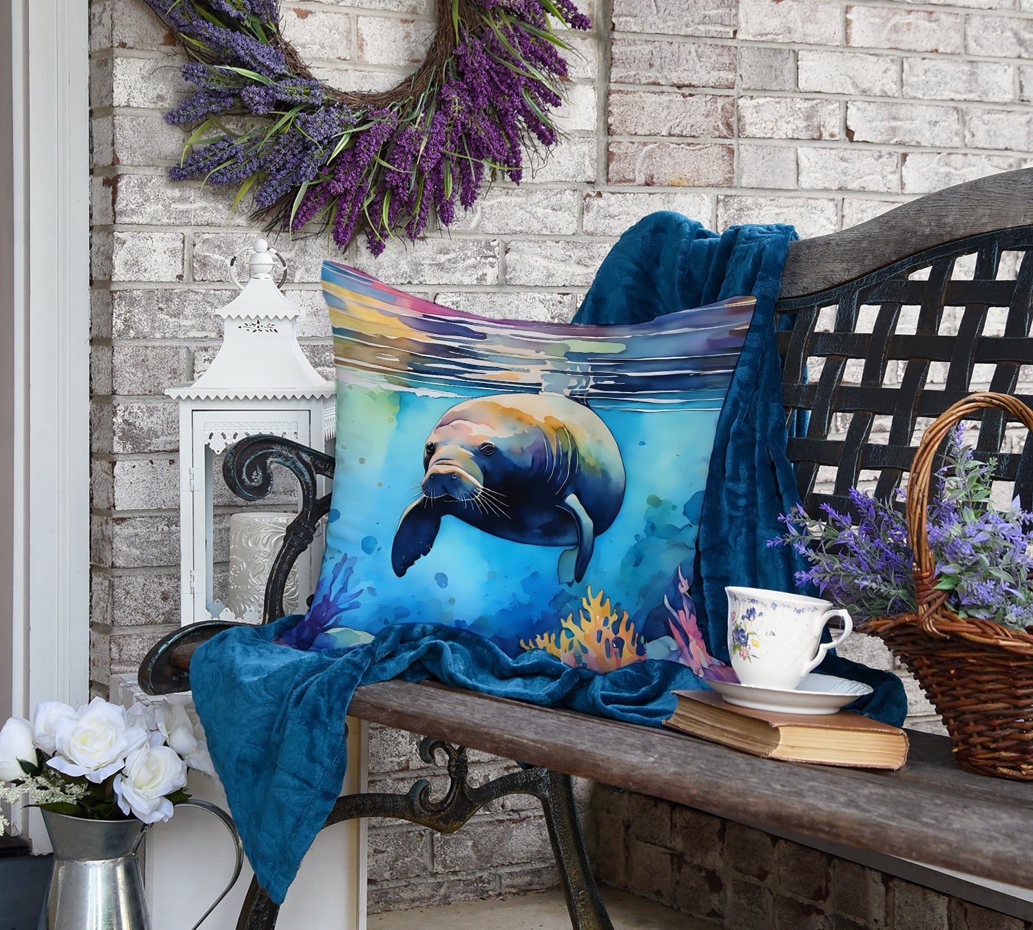 Manatee Decorative Throw Pillow 18x18 Indoor Outdoor Accent Cushion, Fabric Cover with Insert for Sofa, Bed, Porch & Living Room