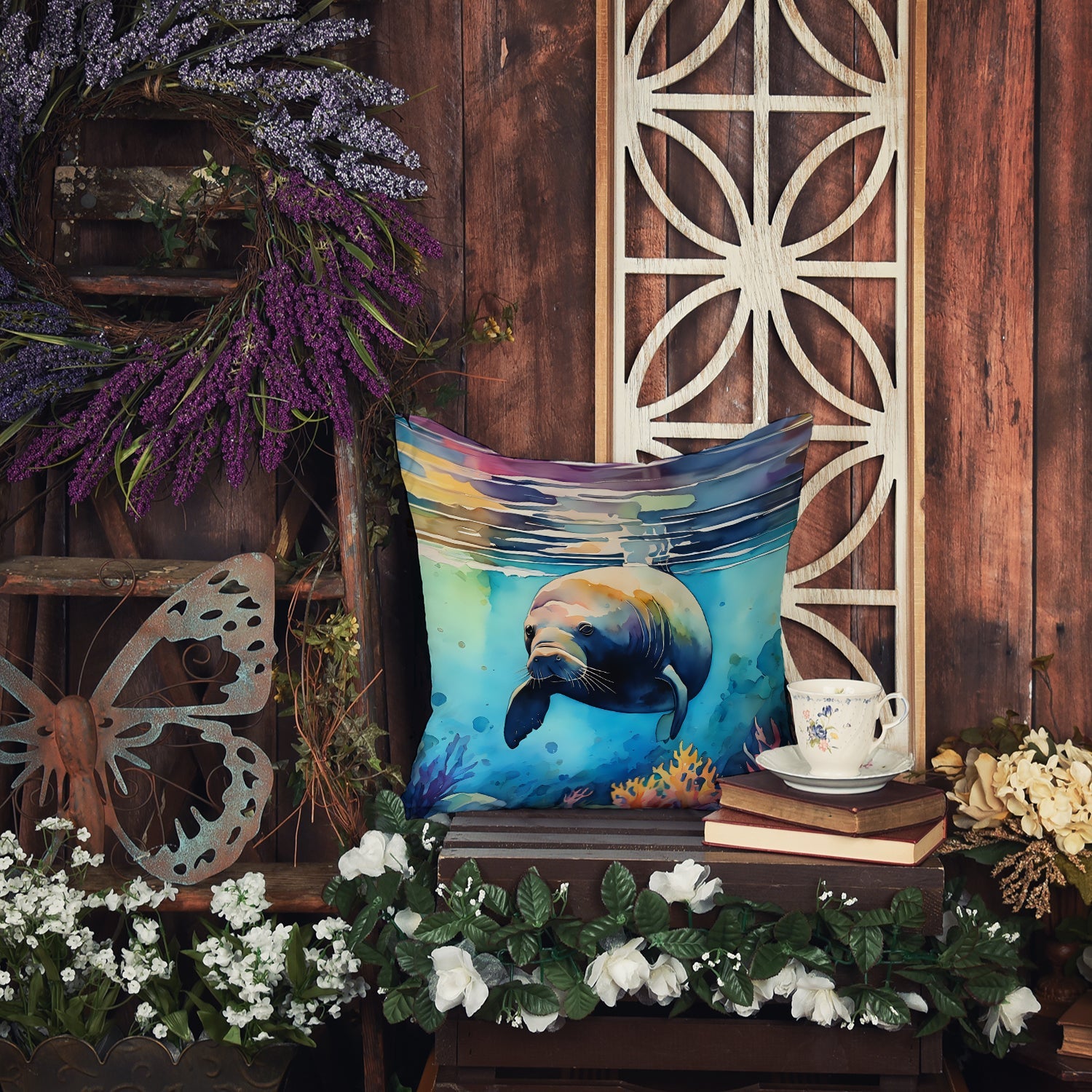 Manatee Decorative Throw Pillow 18x18 Indoor Outdoor Accent Cushion, Fabric Cover with Insert for Sofa, Bed, Porch & Living Room