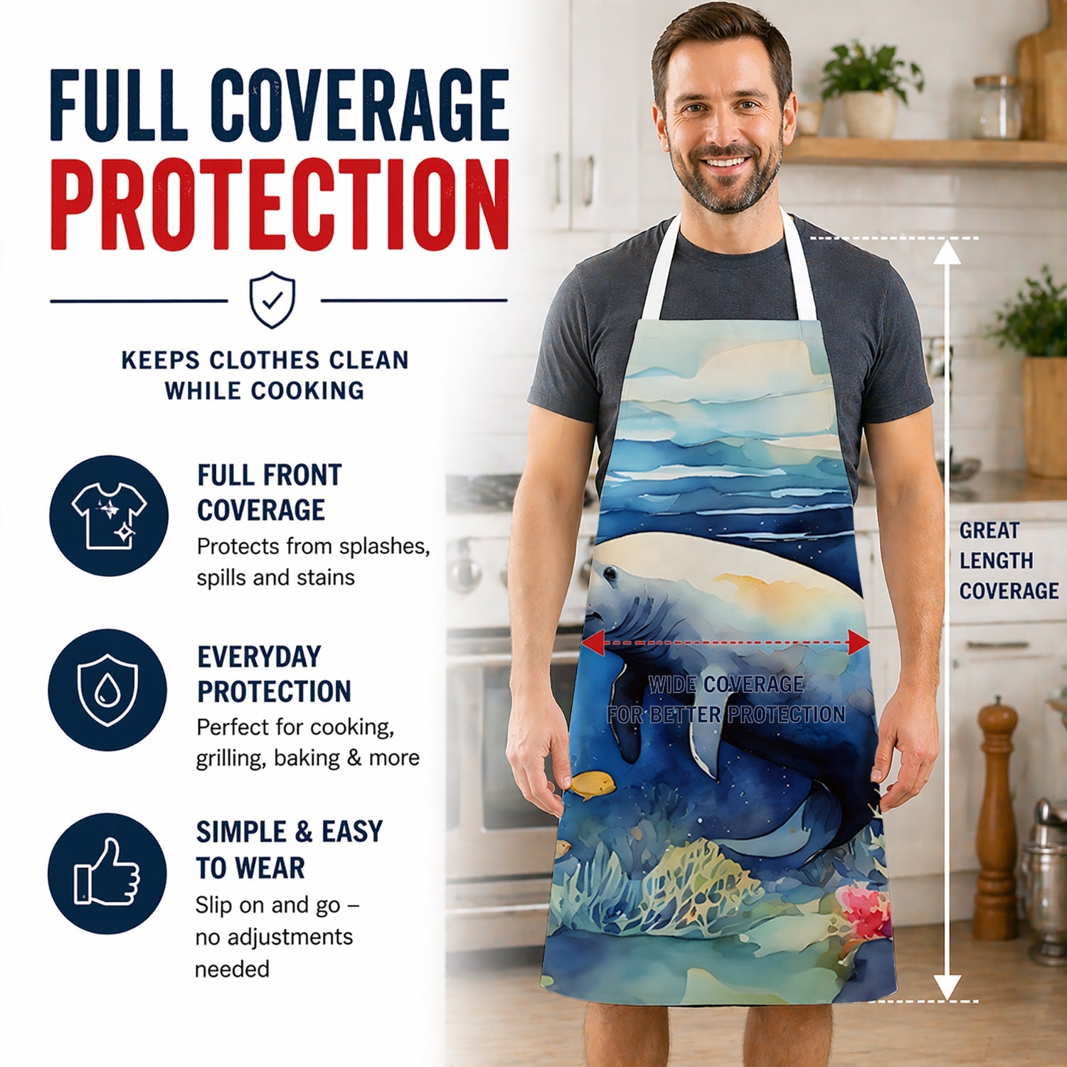 Manatee Apron Cooking Kitchen Server Baking Crafts Gardening for Adult Women Men, Unisex, Large, Multicolor