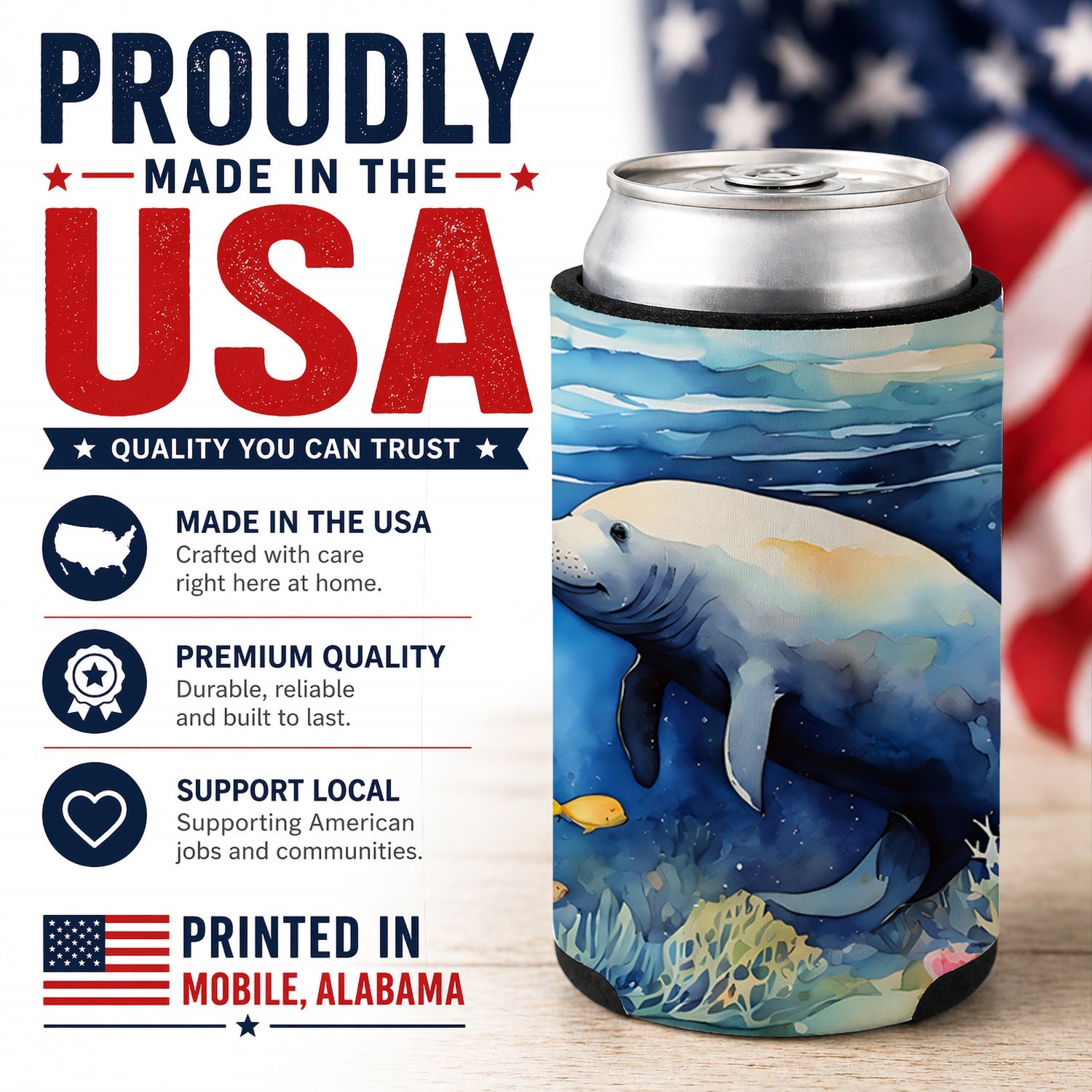 Manatee Can or Bottle Hugger Cooler Sleeve for Standard 12 oz Cans, Insulated Foam Beer & Soda Can Hugger Reusable