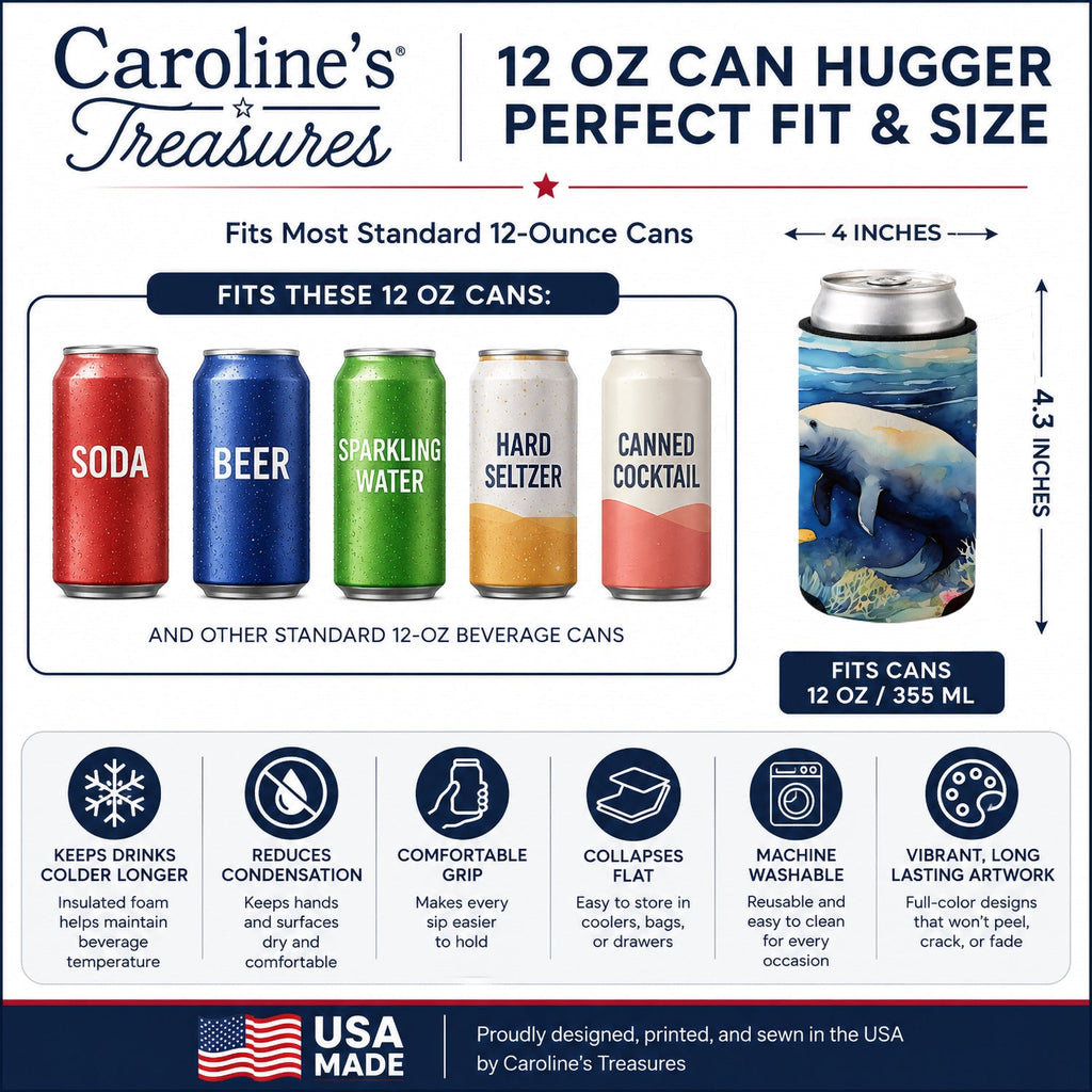 Manatee Can or Bottle Hugger Cooler Sleeve for Standard 12 oz Cans, Insulated Foam Beer & Soda Can Hugger Reusable