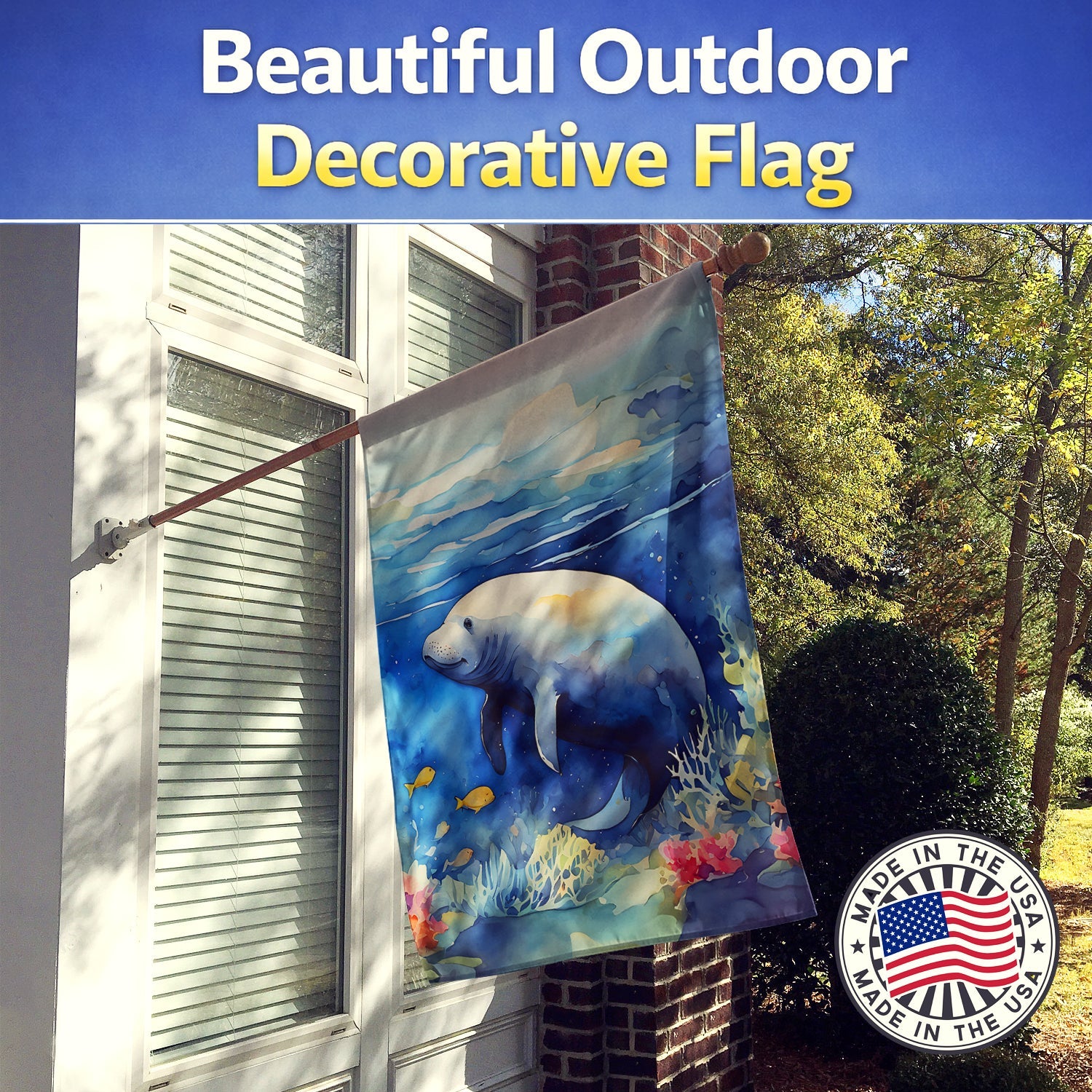 Manatee House Flag 28x40 Porch Sleeve Pole Decorative Outside Yard Banner Artwork Wall Hanging, Polyester