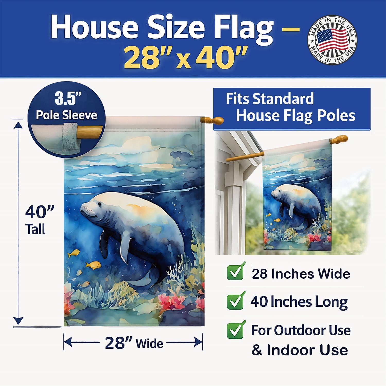 Manatee House Flag 28x40 Porch Sleeve Pole Decorative Outside Yard Banner Artwork Wall Hanging, Polyester