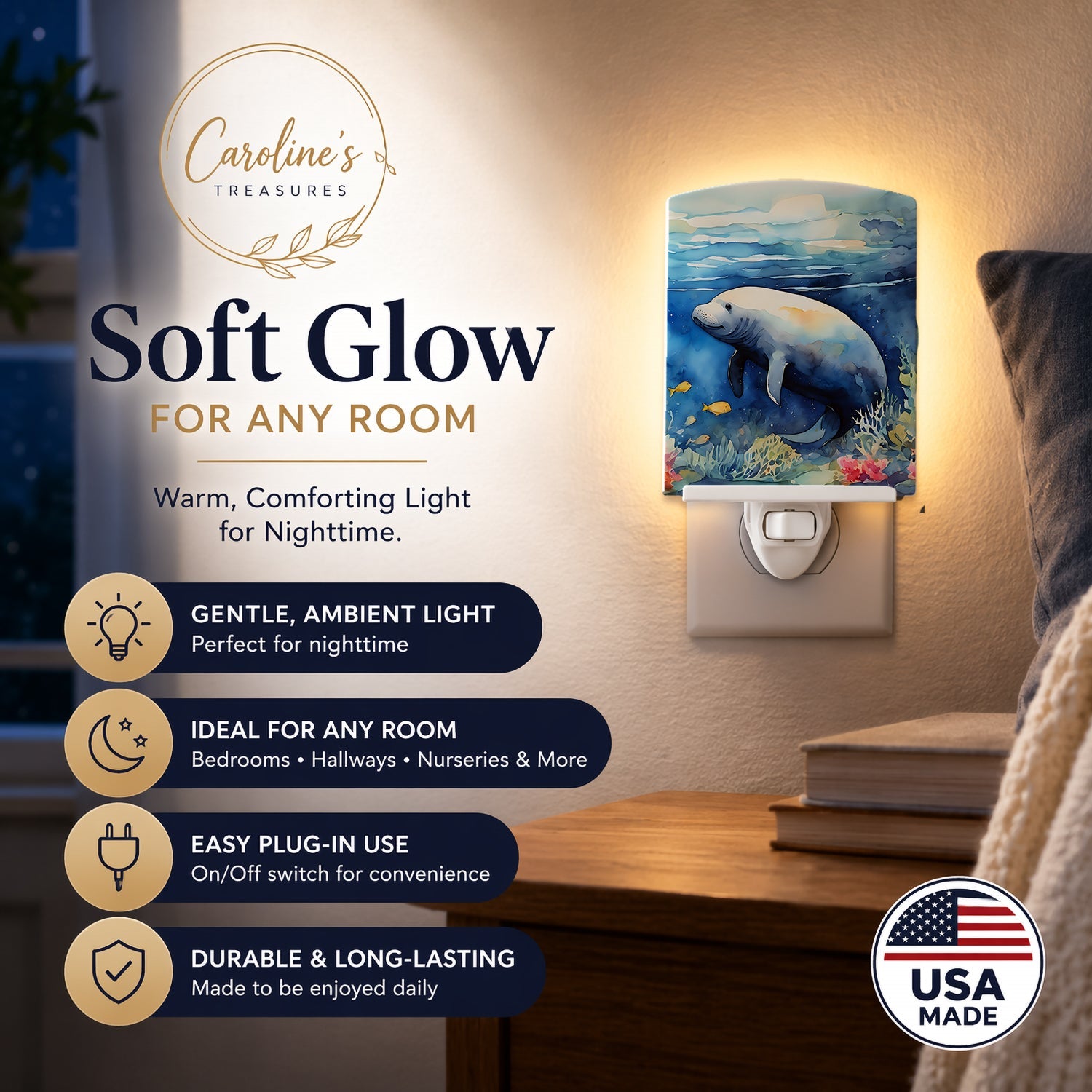 Manatee Ceramic Night Light Compact, UL-Certified, Ideal for Bedroom, Bathroom, Nursery, Hallway, Kitchen, 6x4x3, Multicolor