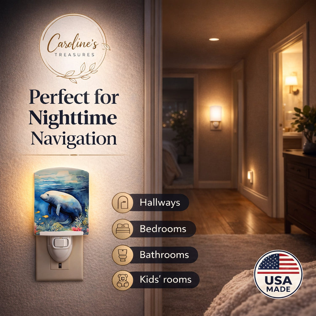 Manatee Ceramic Night Light Compact, UL-Certified, Ideal for Bedroom, Bathroom, Nursery, Hallway, Kitchen, 6x4x3, Multicolor