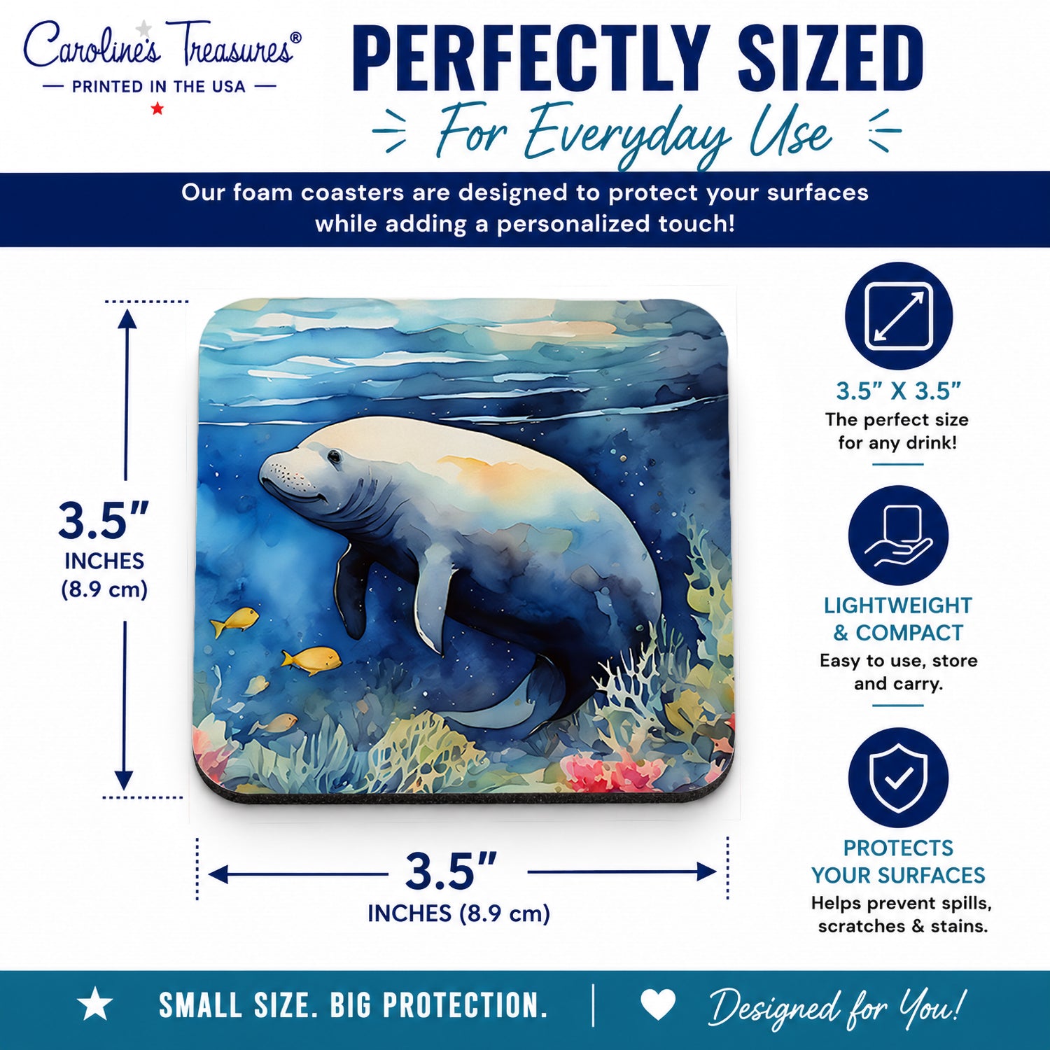 Manatee Foam Coasters Set of 4 Cup Coasters for Indoor Outdoor, Tabletop Protection, Anti Slip, Mouse pad Material