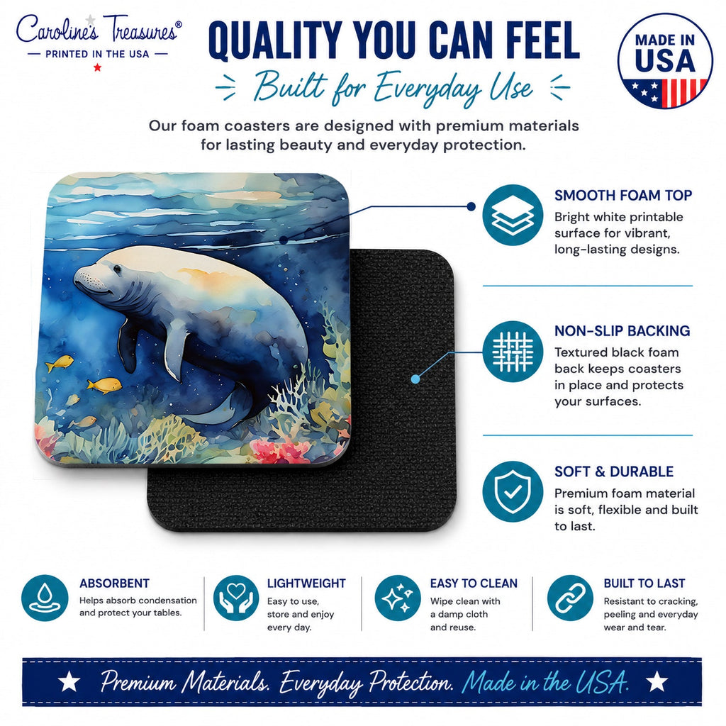 Manatee Foam Coasters Set of 4 Cup Coasters for Indoor Outdoor, Tabletop Protection, Anti Slip, Mouse pad Material