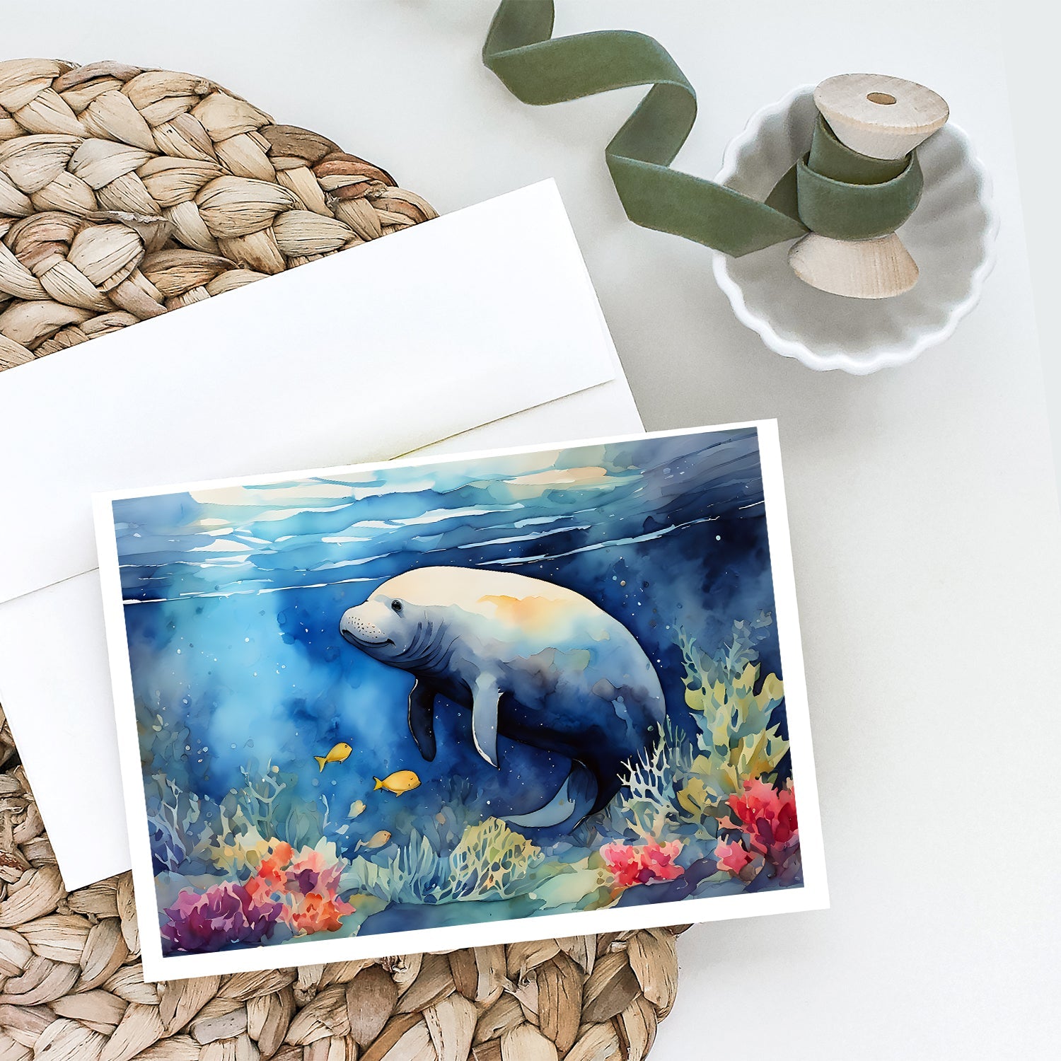 Manatee Greeting Cards Pack of 8 Blank Cards with Envelopes Whimsical A7 Size 5x7