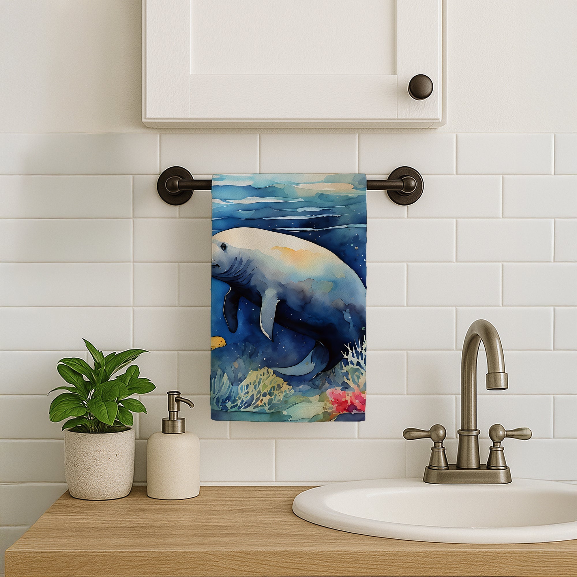 Manatee Kitchen Towel Velour Plush Front and Cotton Loop Back Machine Washable