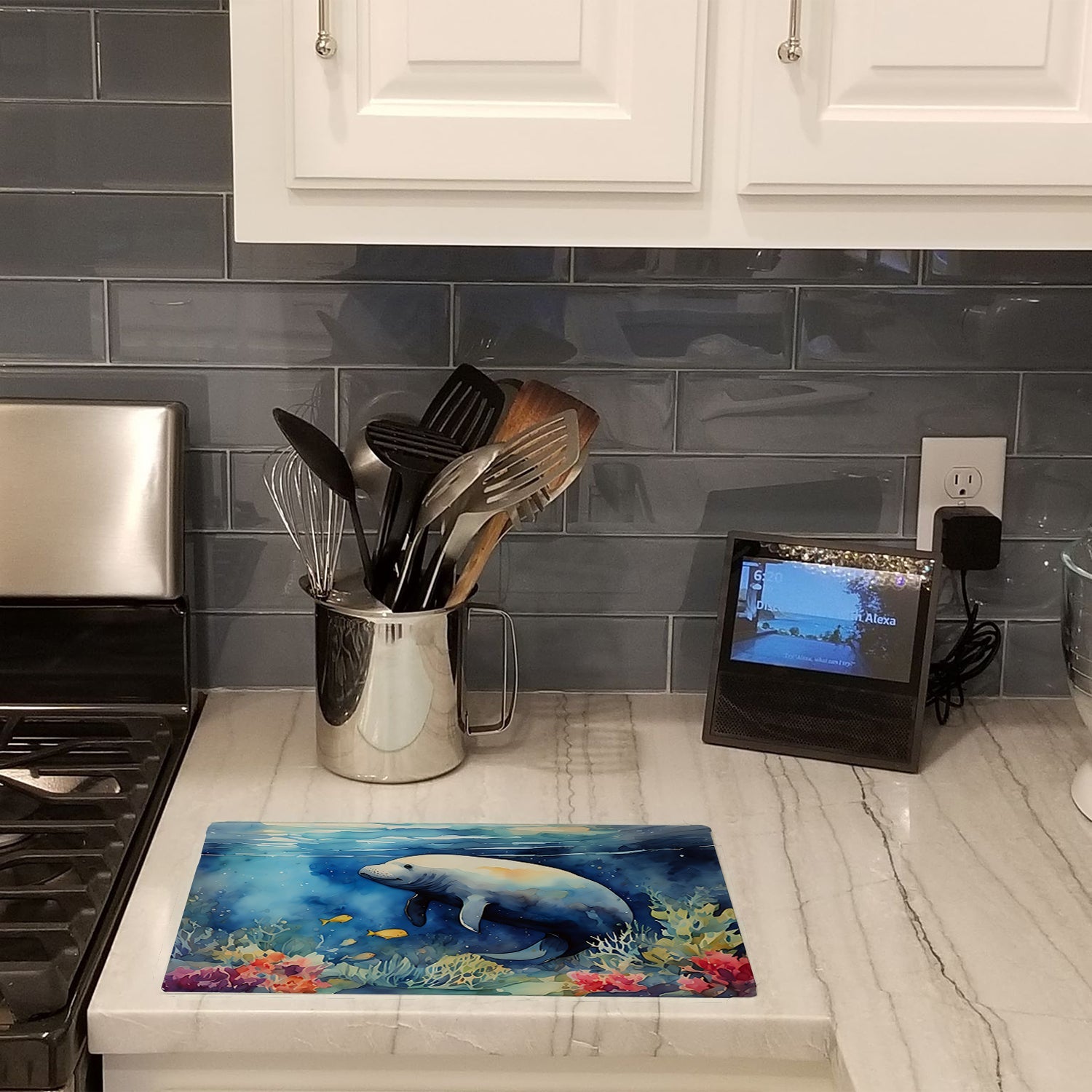 Manatee Cutting Board Tempered Glass Kitchen Cutting Surface, Heat Resistant Chopping, Non-Slip Feet, Food Prep & Serving