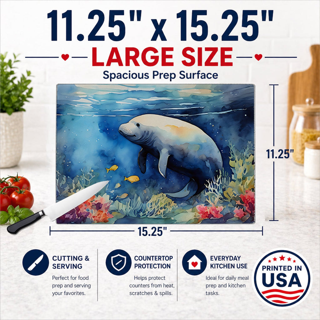 Manatee Cutting Board Tempered Glass Kitchen Cutting Surface, Heat Resistant Chopping, Non-Slip Feet, Food Prep & Serving