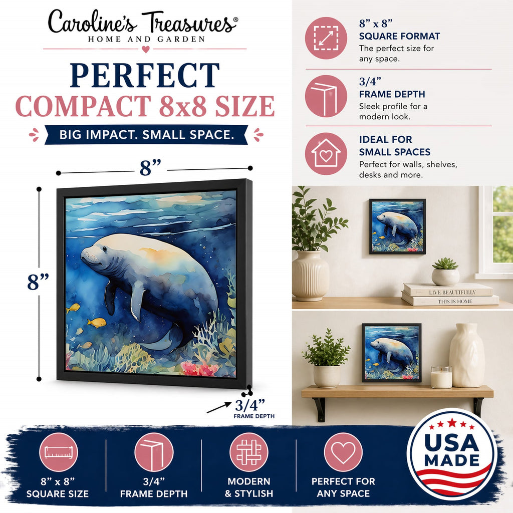 Manatee Framed Metal Print Bathroom, Kitchen, Office, Home Decor Wall Art Ready to Hang, Square, 8X8