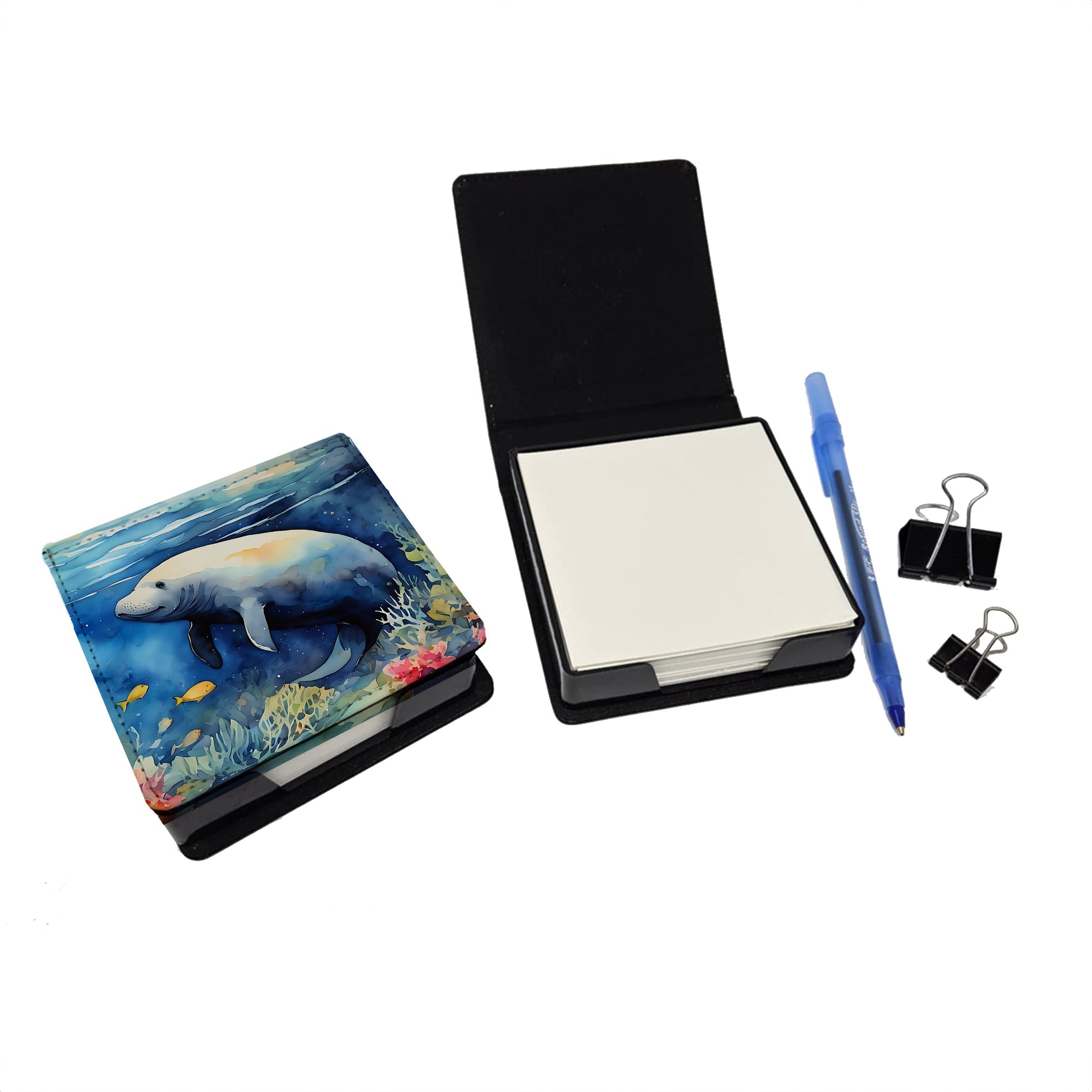 Manatee PU Leather Note Paper Holder with Artist-Designed Cover, Desk Accessory, Office Gift