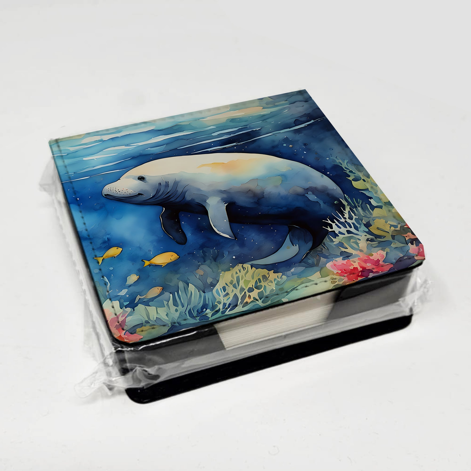 Manatee PU Leather Note Paper Holder with Artist-Designed Cover, Desk Accessory, Office Gift