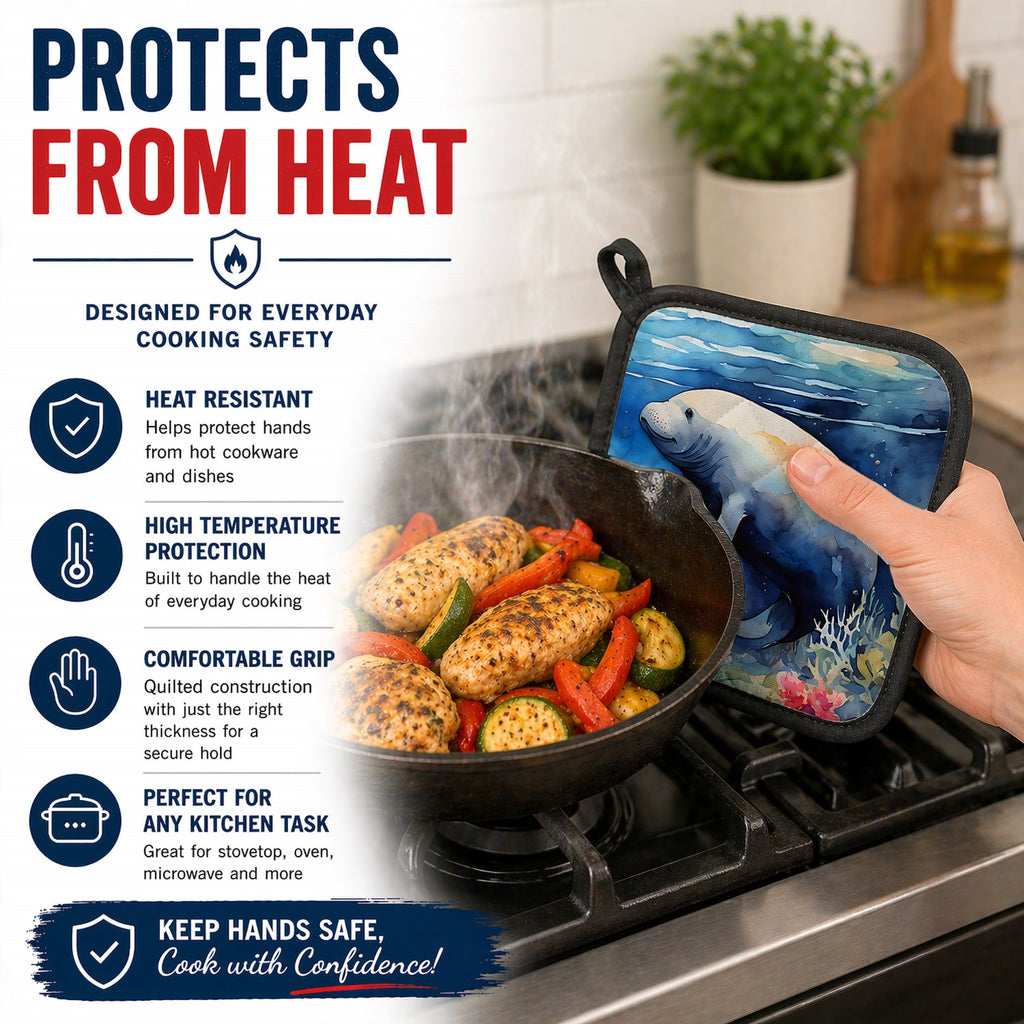Manatee Pot Holder Set of 2 Heat Resistant Quilted Hot Pads 7.5 x 7.5 Inch, Insulated Kitchen Trivets for Cooking & Baking