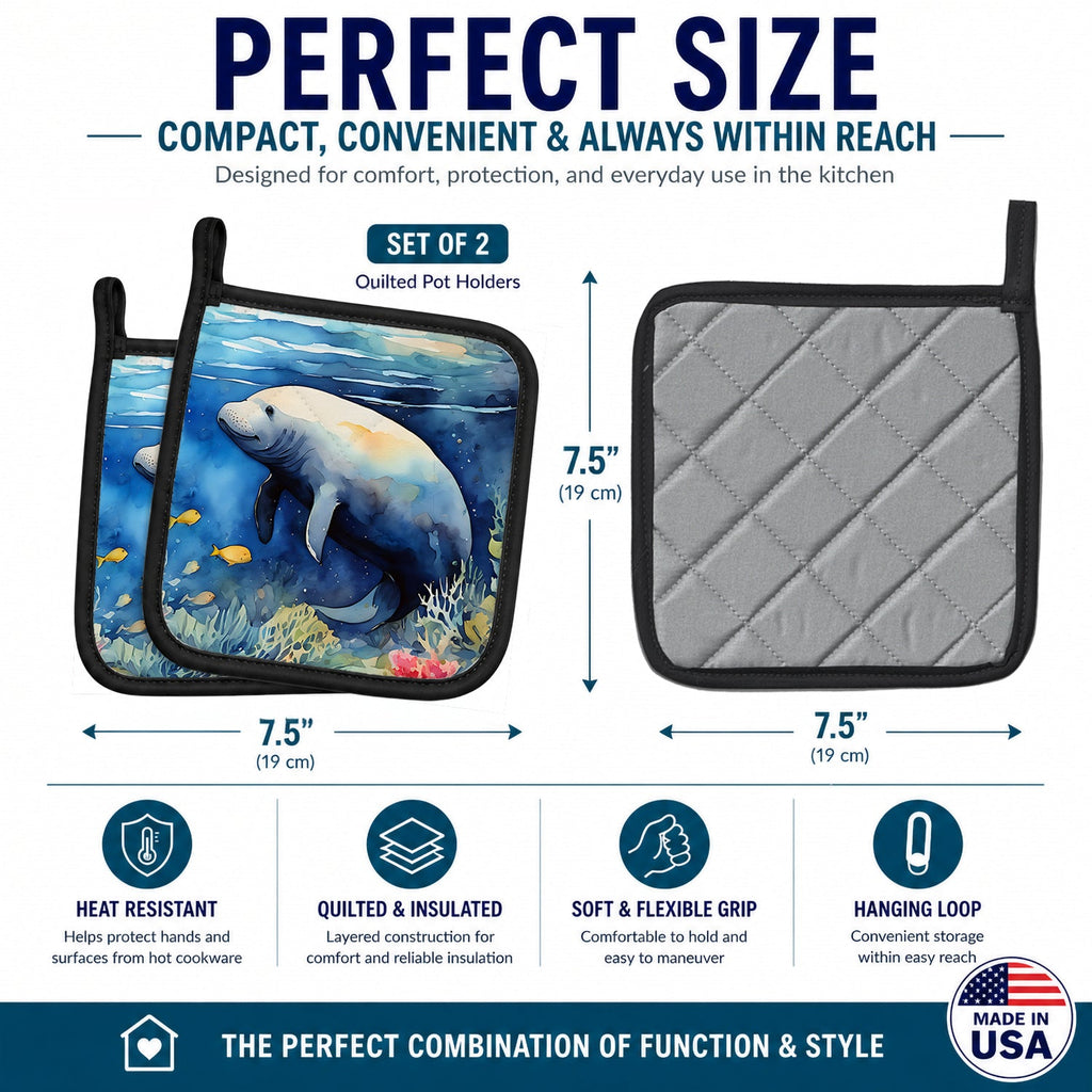 Manatee Pot Holder Set of 2 Heat Resistant Quilted Hot Pads 7.5 x 7.5 Inch, Insulated Kitchen Trivets for Cooking & Baking