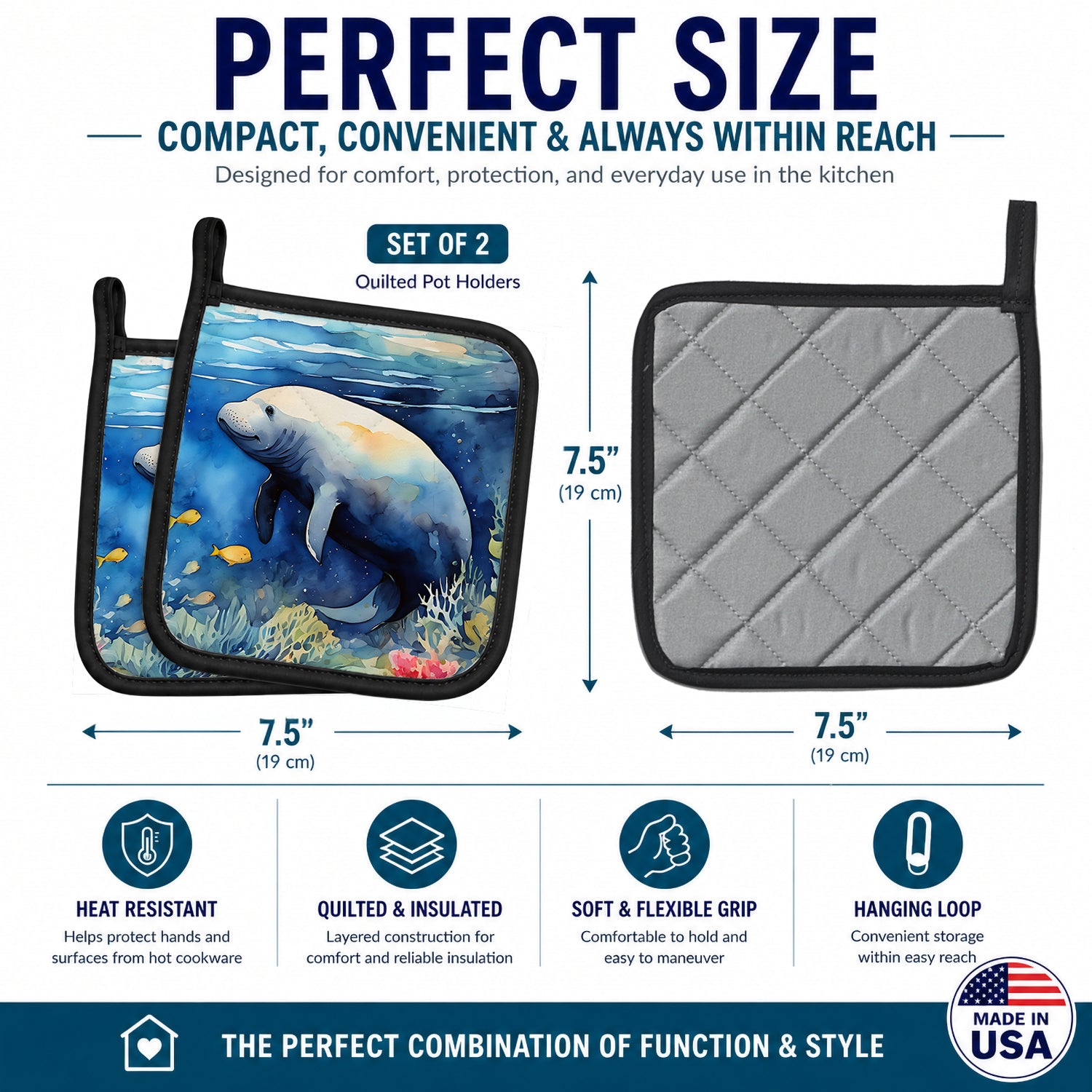 Manatee Pot Holder Set of 2 Heat Resistant Quilted Hot Pads 7.5 x 7.5 Inch, Insulated Kitchen Trivets for Cooking & Baking
