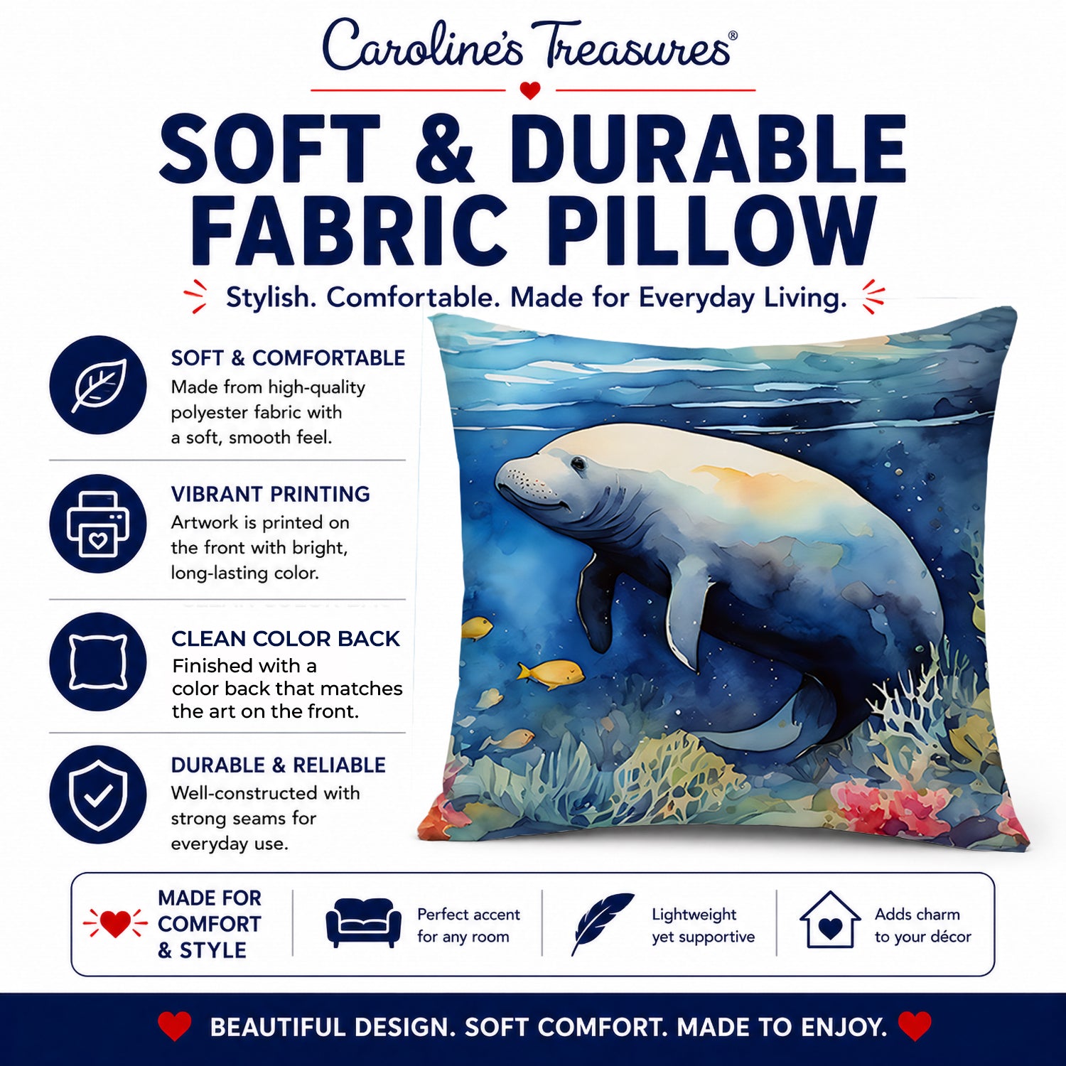 Manatee Decorative Throw Pillow 14x14 Indoor Outdoor Accent Cushion, Fabric Cover with Insert for Sofa, Bed, Porch & Living Room