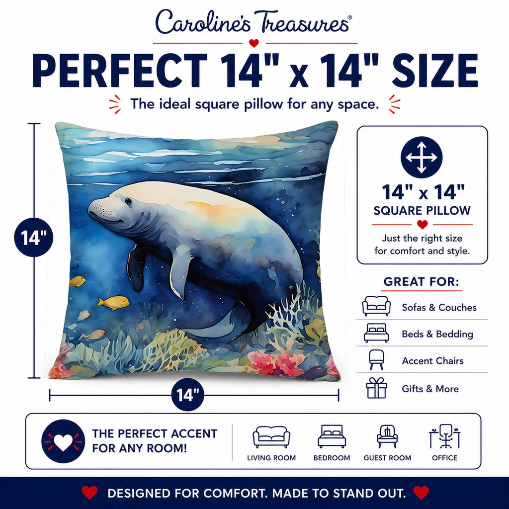 Manatee Decorative Throw Pillow 14x14 Indoor Outdoor Accent Cushion, Fabric Cover with Insert for Sofa, Bed, Porch & Living Room