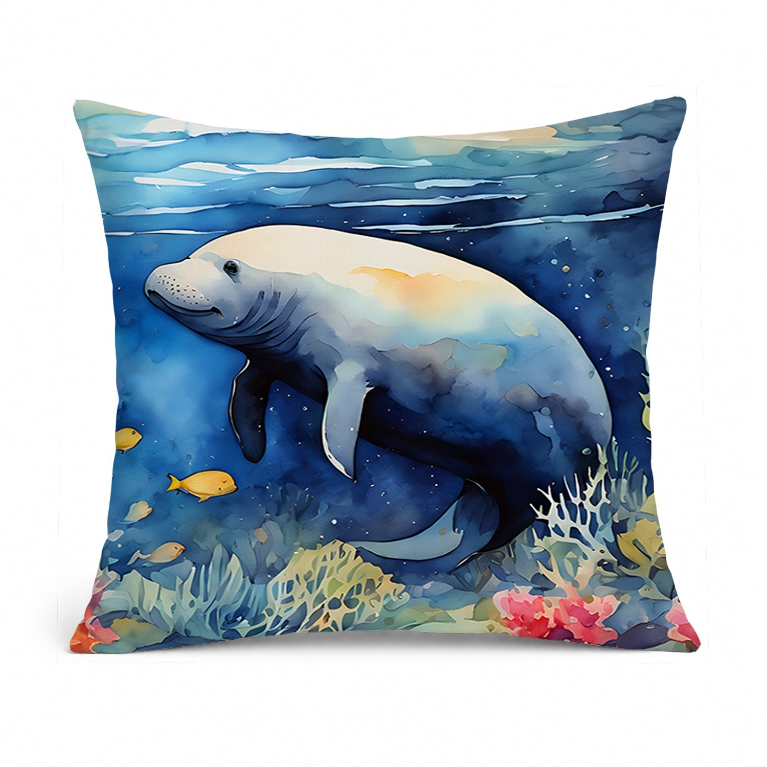 Manatee Decorative Throw Pillow 14x14 Indoor Outdoor Accent Cushion, Fabric Cover with Insert for Sofa, Bed, Porch & Living Room