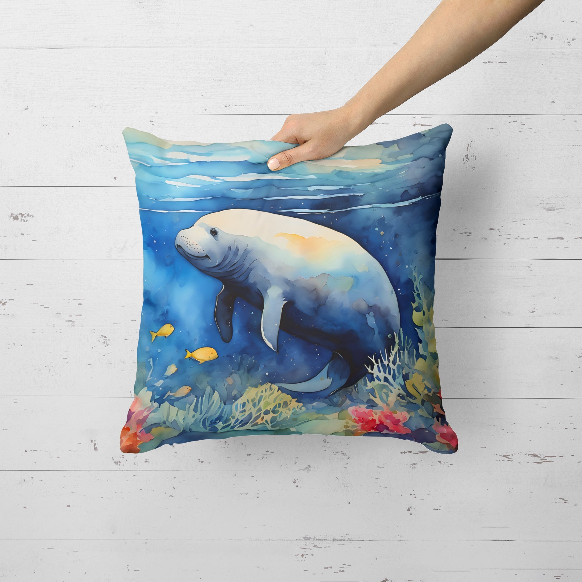 Manatee Decorative Throw Pillow 18x18 Indoor Outdoor Accent Cushion, Fabric Cover with Insert for Sofa, Bed, Porch & Living Room