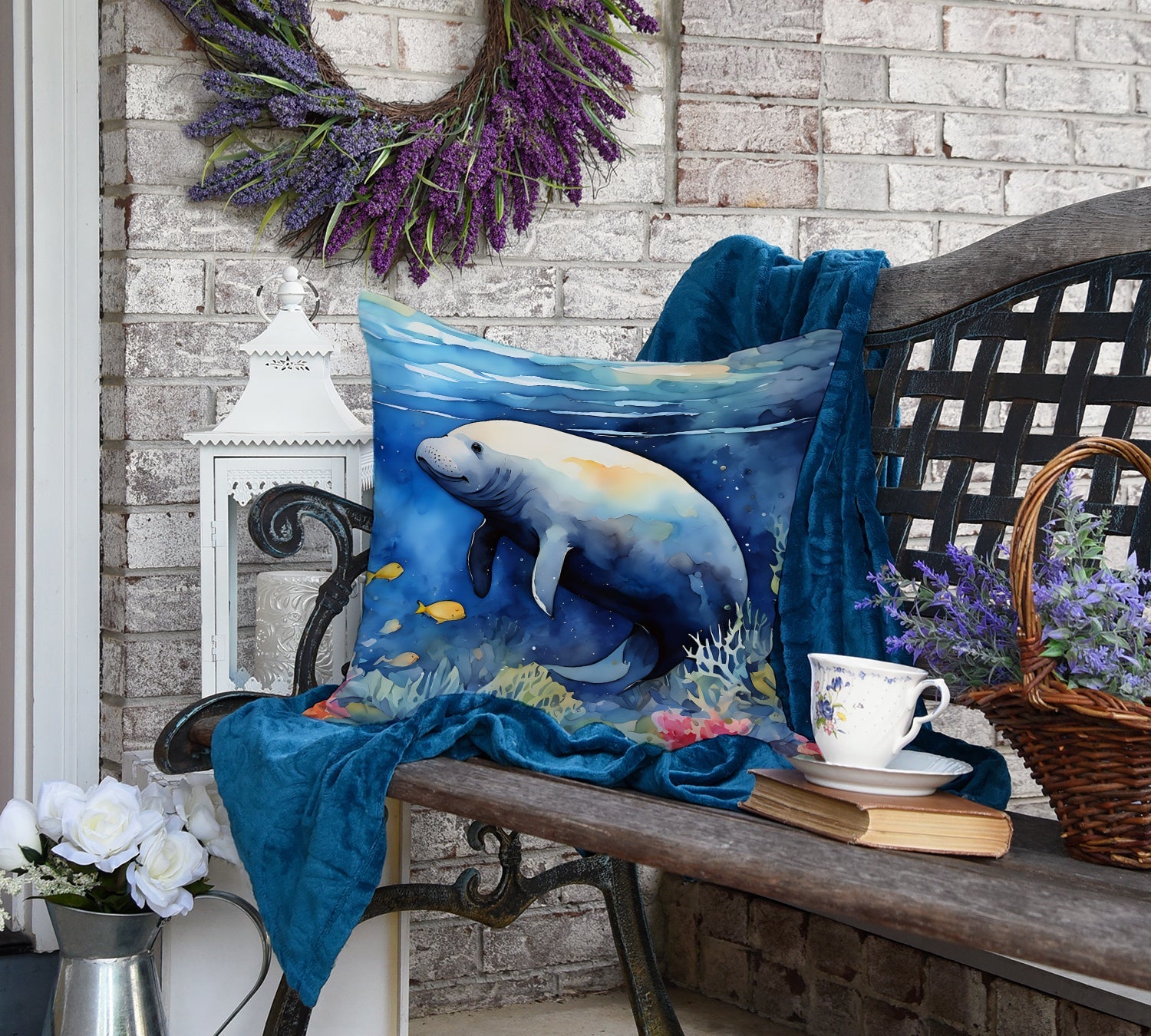 Manatee Decorative Throw Pillow 18x18 Indoor Outdoor Accent Cushion, Fabric Cover with Insert for Sofa, Bed, Porch & Living Room