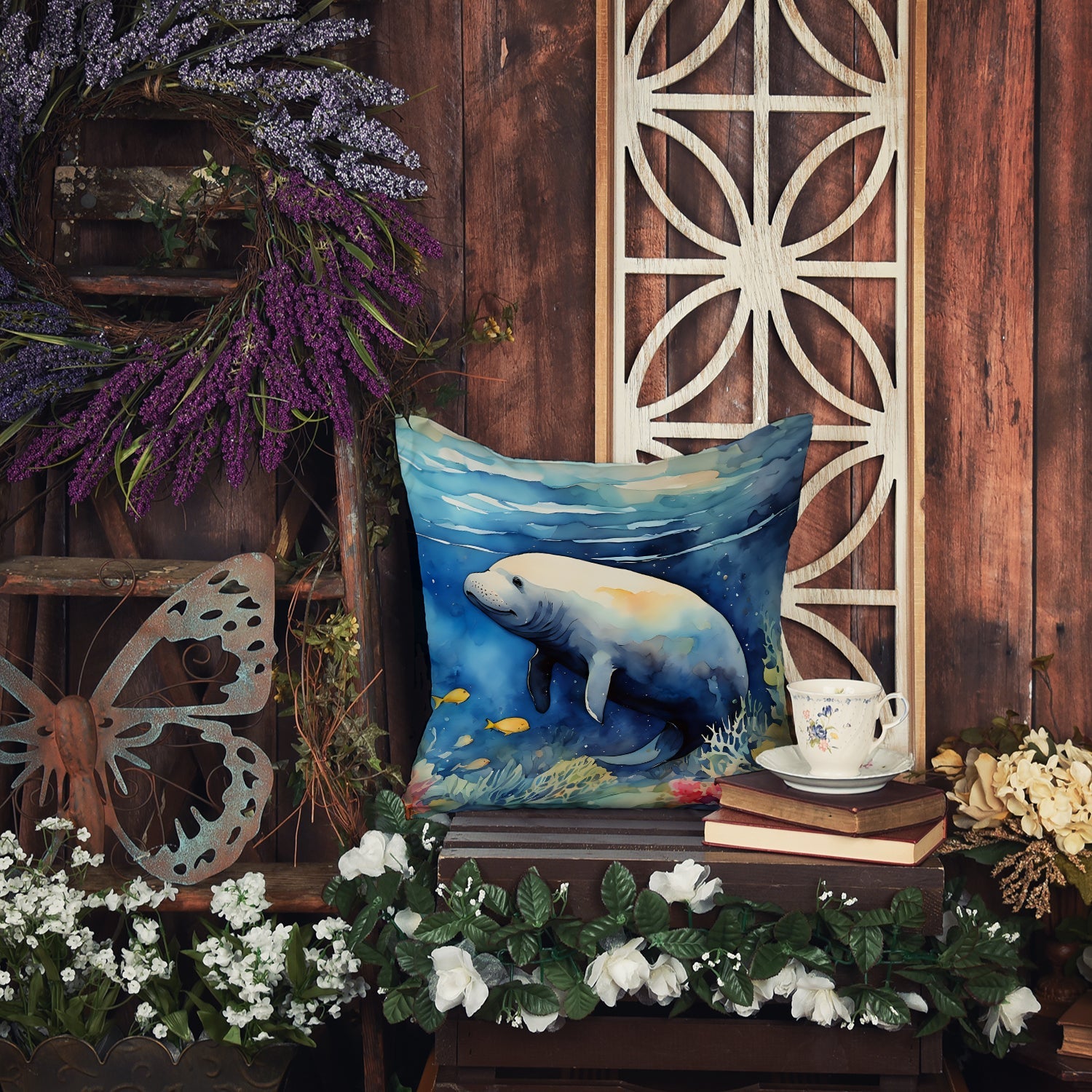 Manatee Decorative Throw Pillow 18x18 Indoor Outdoor Accent Cushion, Fabric Cover with Insert for Sofa, Bed, Porch & Living Room