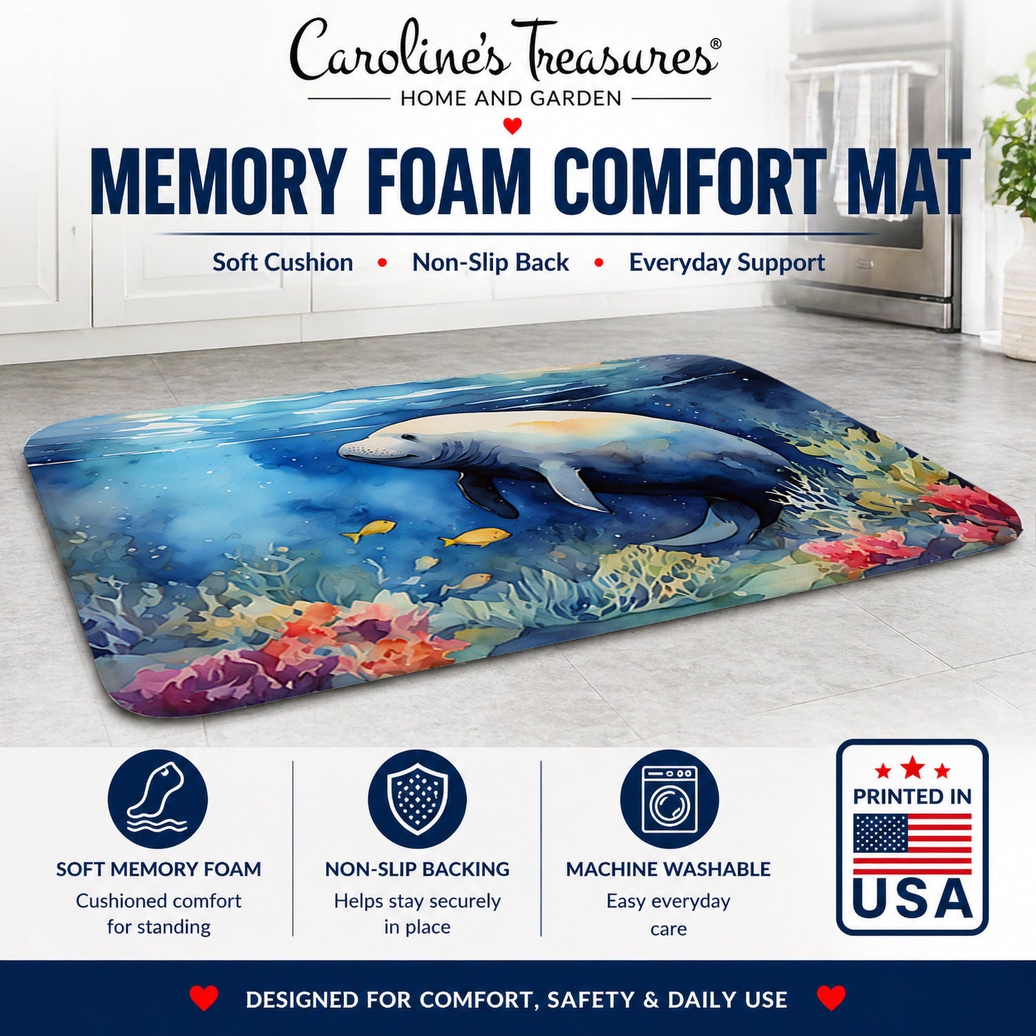 Manatee Memory Foam Kitchen Mat Machine Washable Anti-Fatigue Cushion Comfort Bath or Kitchen Rug