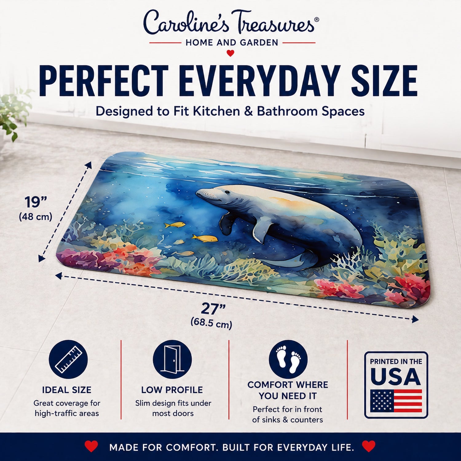 Manatee Memory Foam Kitchen Mat Machine Washable Anti-Fatigue Cushion Comfort Bath or Kitchen Rug